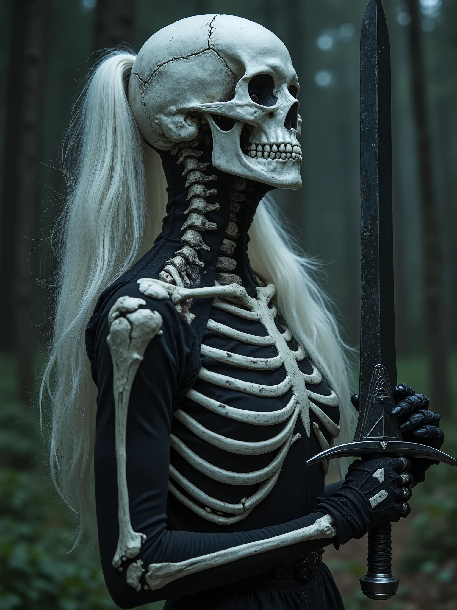 Beautiful white hair woman with a half skull face, rotting fresh and bones, ndoskeleton made From silver ,necromancer cosmic entity,holding s dark sword from a goddess in her hands head leaned back And sword in the aira bird trapped inside her ribcage,surreal dark art sensual art, satanic occult black metal dark horror photography,dark realistic photography, melancholic ambience, pentagram, occult,
