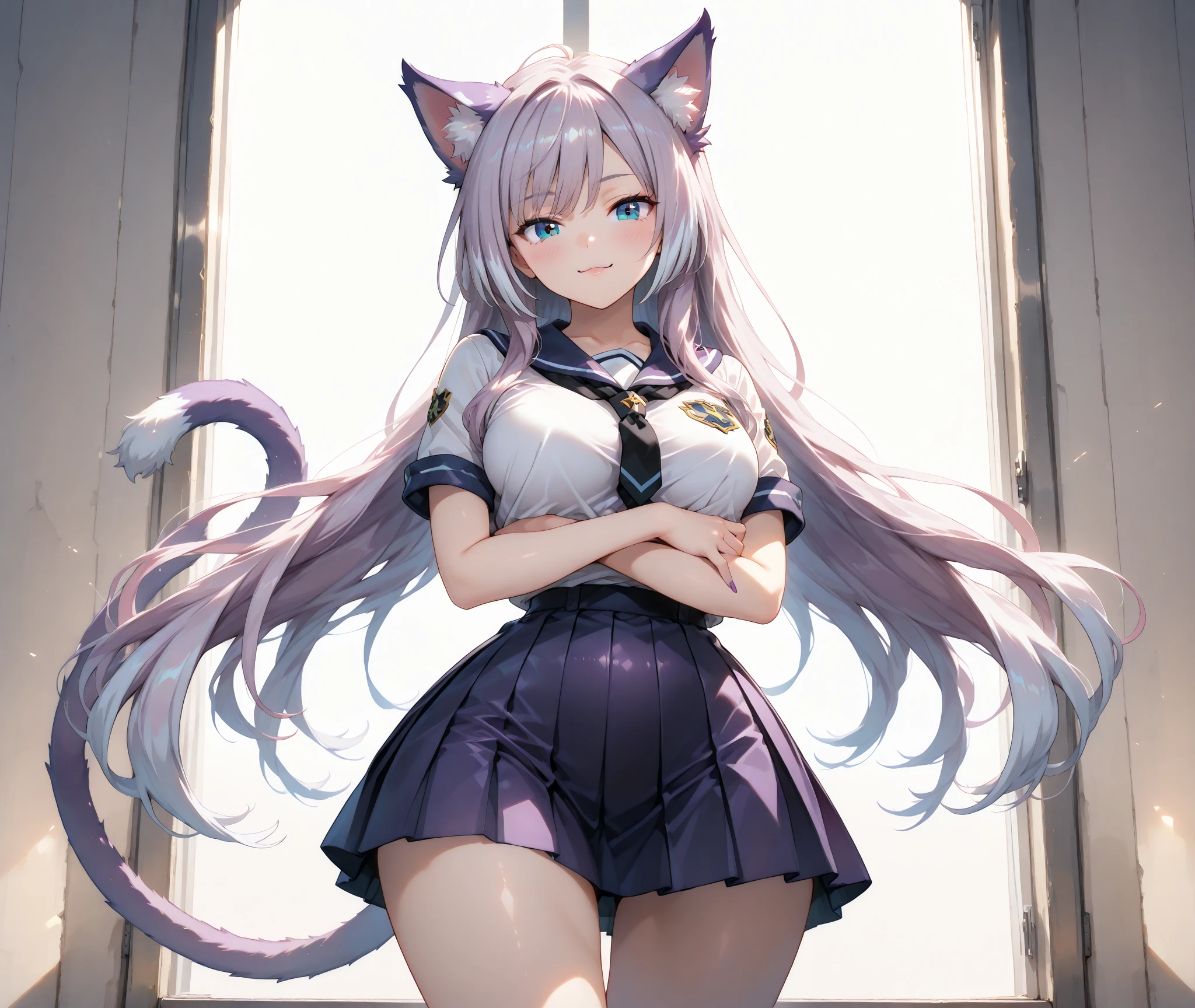 (best quality,ultra-detailed),(realistic:1.37),(HDR,UHD,studio lighting),(vivid colors:1.1),(anime),(Koneko),(high school dxd),cat girl,beautiful detailed eyes,long hair,white fluffy tail,blue ,fierce expression,standing with confidence,background of school hallway,colored LED lights,shadows and highlights emphasizing depth,subtle bokeh effect