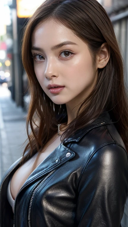 ((Highest quality, 8k, masterpiece :1.3)), (Sharp focus :1.2, Beautiful woman with perfect figure :1.4, Slim Abs :1.2), ((Big Breasts, Emphasize cleavage:1.3)), (Photorealistic:1.4), (realistic:1.4), (Short Bob Hair, Light brown hair:1.5), Highly detailed face and skin texture, Fine grain, double eyelid. Makeup face, A little bit of lipstick, sex appeal, Sexy gravure pose, ((A beautiful woman wearing a black leather jacket and a mini skirt、In the alleys of a downtown area at night, where neon lights shine、Sexy pose showing off her legs。With a seductive look、Wearing a silver bracelet。:1.3)