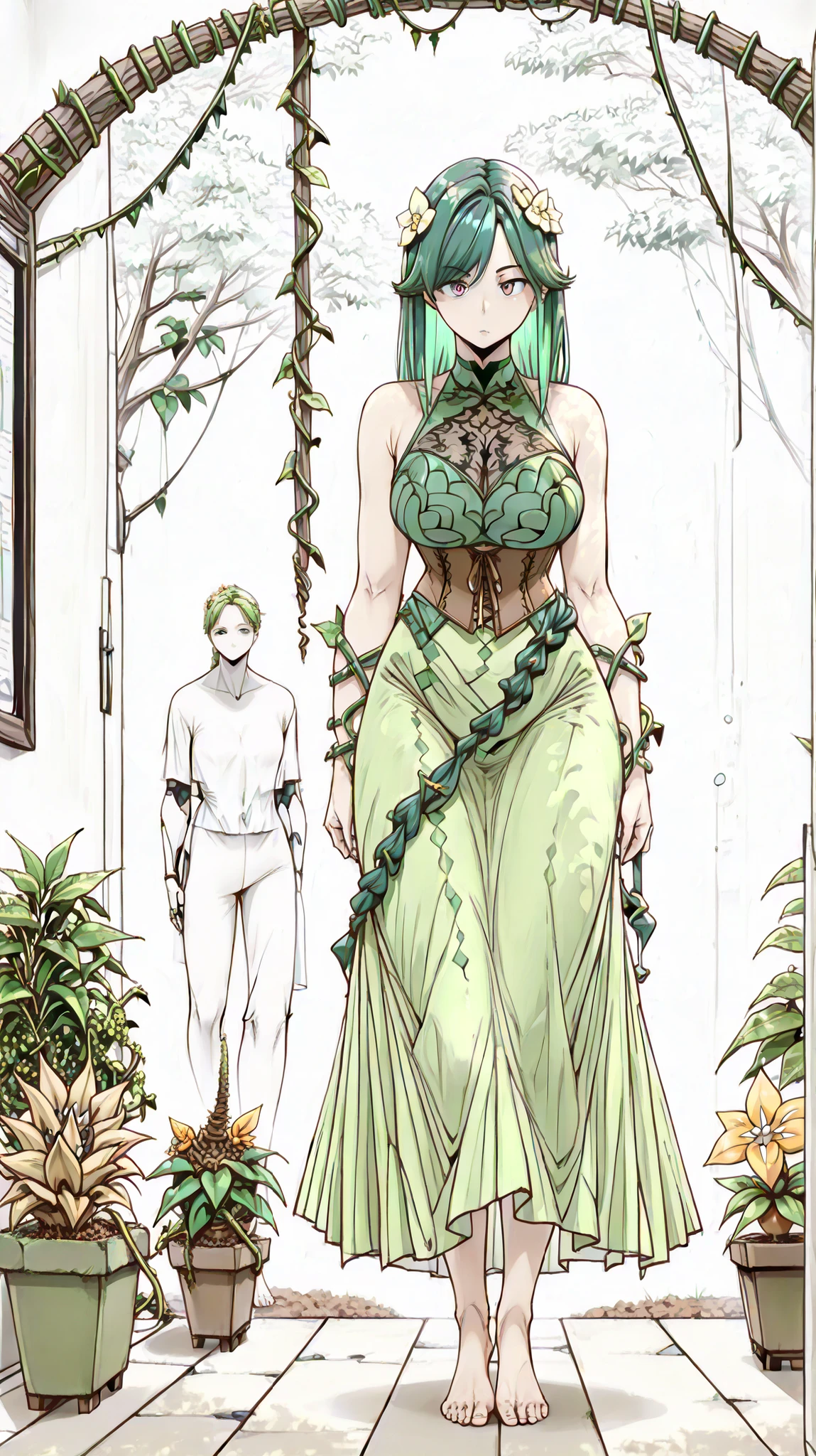 (masterpiece, best quality, ultra-detailed, 8k),  
1girl, (otherworldly beauty:1.6), (flawless pale skin:1.3),  
- **Hair & Crown**:  
  (emerald-green hair:1.7), (vines intricately braided:1.6),  
  (living plant strands:1.5), (glowing chlorophyll highlights:1.4),  
  (flower buds blooming in hair:1.3),  
- **Living Garb**:  
  (symbiotic plant dress:1.8), (fully enclosed foliage:1.5),  
  (layered leaf bodice:1.4), (bark-like corset:1.3),  
  (ivy embroidery:1.4), (moss trim:1.2),  
  (biomechanical pulse:1.3), (photosynthesis glow:1.4),  
- **Ethereal Presence**:  
  (fairy-like grace:1.5), (elongated limbs:1.2),  
  (barefoot with root-like toes:1.3), (pollen particles:1.4),  
  (standing in ancient grove:1.6), (dappled sunlight:1.5),  
  (fae atmosphere:1.7)  