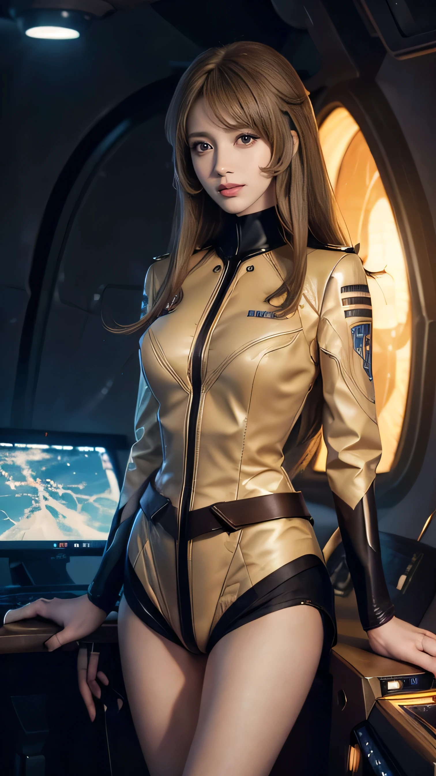 (((masterpiece,best quality,8K,super detailed,high resolution,anime style,Absolutely))),(A female officer of the Earth Federation Army is walking..:1.5),(alone:1.5), (Wearing the Earth Federation Forces:1.5),(Dressed as a federal employee'hat of:1.5),(cute type of girl:1.4),(Detailed facial depiction:1.4),(beautiful hands:1.4),(Hands are very thin:1.2),(wallpaper:1.5),(whole body:1.5),((overlooking:1.5)), ((15 year old Japanese girl, clothes that fit)), (spaceship interior, There is space outside), (((camel toe)))