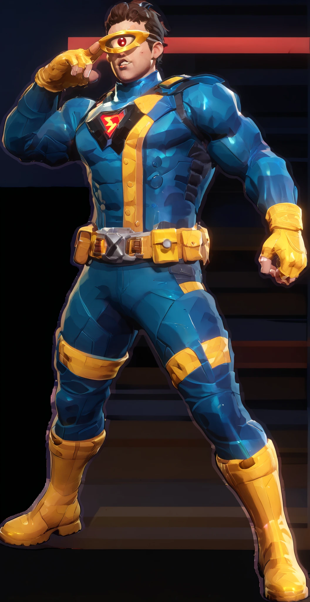 Cyclops' costume from "Marvel Rivals" features a striking color scheme and design elements. Here are the details:
- **Primary Color**: Blue - The main body of the costume is a vibrant blue, giving it a sleek and modern look.
- **Secondary Color**: Yellow - Yellow accents are prominent, including the belt, gloves, and boots, adding contrast to the blue.
- **Symbol**: Red - The iconic X symbol on his chest is red, which stands out against the blue and yellow.
- **Additional Details**: The costume includes various straps and bands in yellow that enhance the overall design and provide a tactical appearance.
This combination of colors and design elements contributes to Cyclops' recognizable superhero persona.
3D video game render.