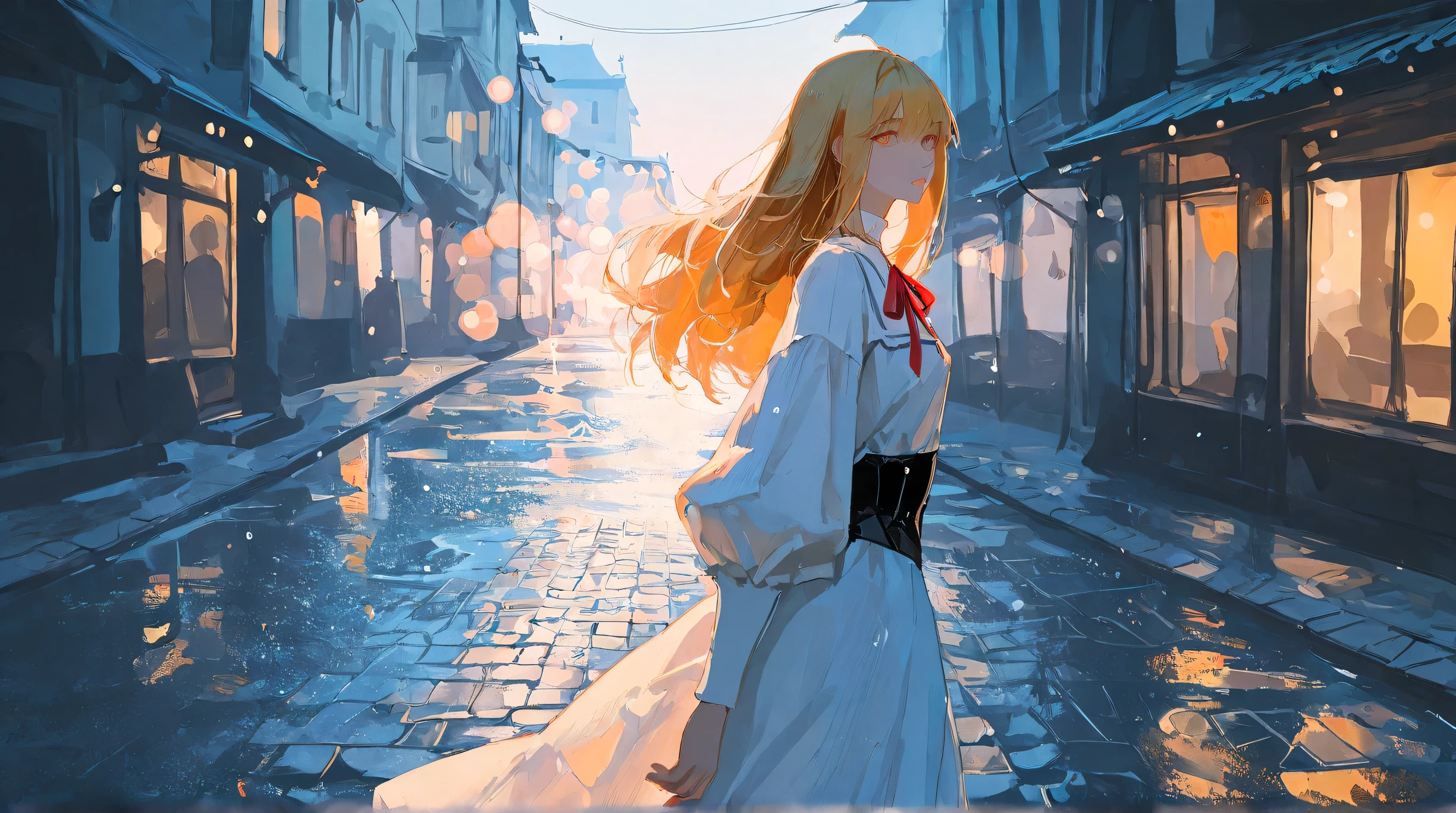 Masterpiece, Best Quality, Top Quality, Very Detailed, 1 girl, Beautiful cinematic anime-style artwork of a graceful blonde-haired girl standing in the rain under a moonlit sky. She wears a flowing white dress with puffed sleeves and a black corset, with long hair gently blowing in the wind, tied with a red ribbon. The background features glowing traditional-style buildings reflecting on wet pavement and water, soft bokeh lights, and glistening raindrops. The atmosphere is serene, melancholic, and emotionally expressive. High detail, soft lighting, atmospheric color palette of deep blues and warm orange glows.