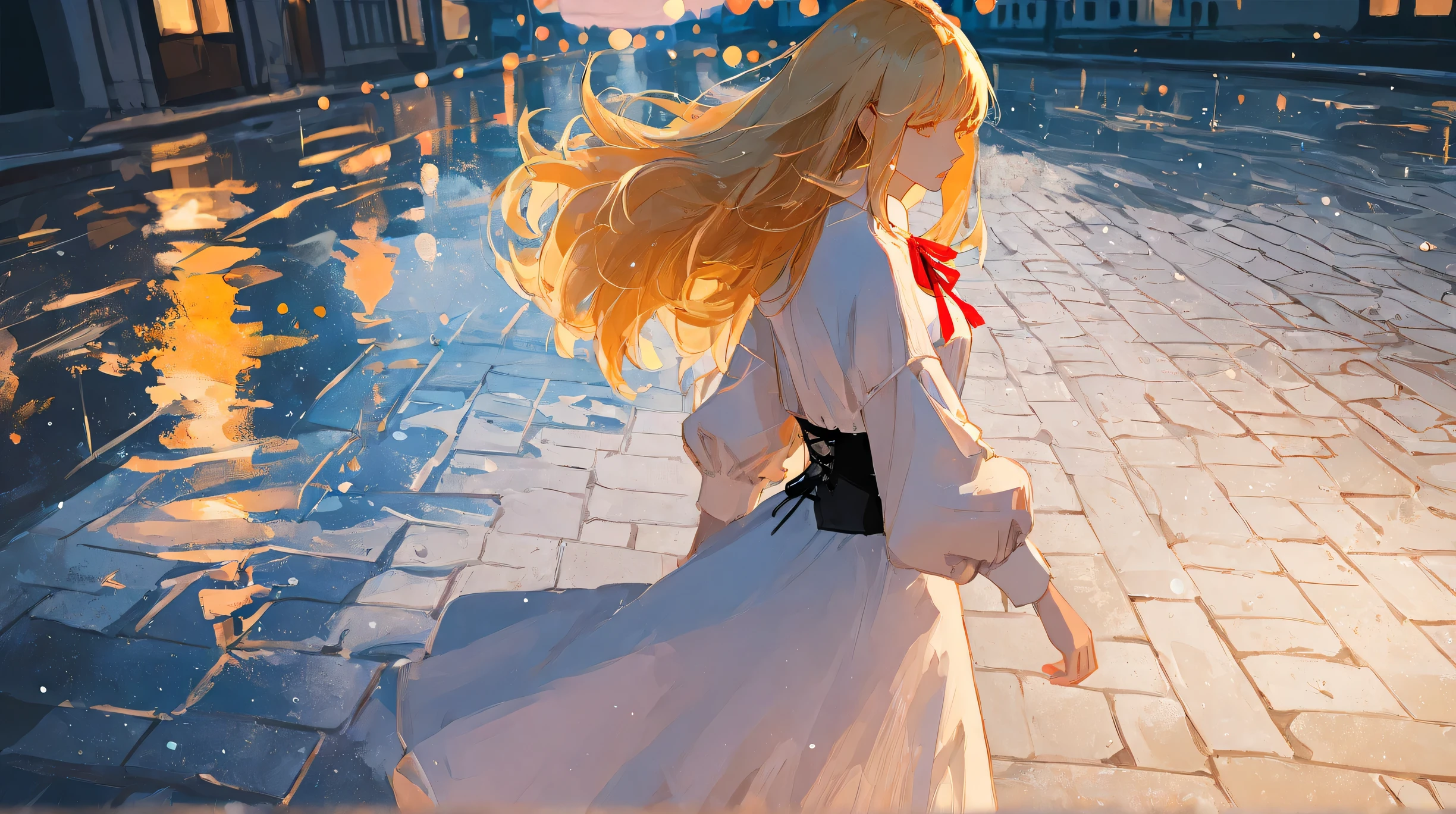Masterpiece, Best Quality, Top Quality, Very Detailed, 1 girl, Beautiful cinematic anime-style artwork of a graceful blonde-haired girl standing in the rain under a moonlit sky. She wears a flowing white dress with puffed sleeves and a black corset, with long hair gently blowing in the wind, tied with a red ribbon. The background features glowing traditional-style buildings reflecting on wet pavement and water, soft bokeh lights, and glistening raindrops. The atmosphere is serene, melancholic, and emotionally expressive. High detail, soft lighting, atmospheric color palette of deep blues and warm orange glows.