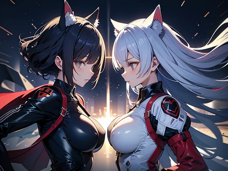 Anime style mature Female.white hair. with  big ponytail, sharp bangs. Orange eyes. Dark tanned skin. Sharp shark like teeth. Muscular. female ancient Black and white like clothing. silver bracelets and gauntlets. Smug and evil like expression. Black void scenery
