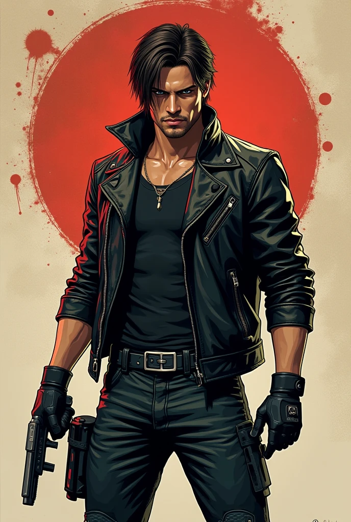 A fearsome, blood-soaked serial killer stands menacingly in a dimly lit, abandoned warehouse. His muscular frame is clad in a black leather jacket that clings tightly to his broad shoulders and chest, enhancing his intimidating presence. The sleeves of the jacket are rolled up slightly, revealing his muscular forearms. His hands are adorned with fingerless gloves, stained with dried blood, adding to his sinister appearance. His legs are encased in black combat pants, tucked into rugged black combat boots that are scuffed and stained from his gruesome deeds. A few utility belts and chains hang from his waist, clinking softly with his movements, emphasizing his dark and dangerous aura. In his hands, he wields a chainsaw