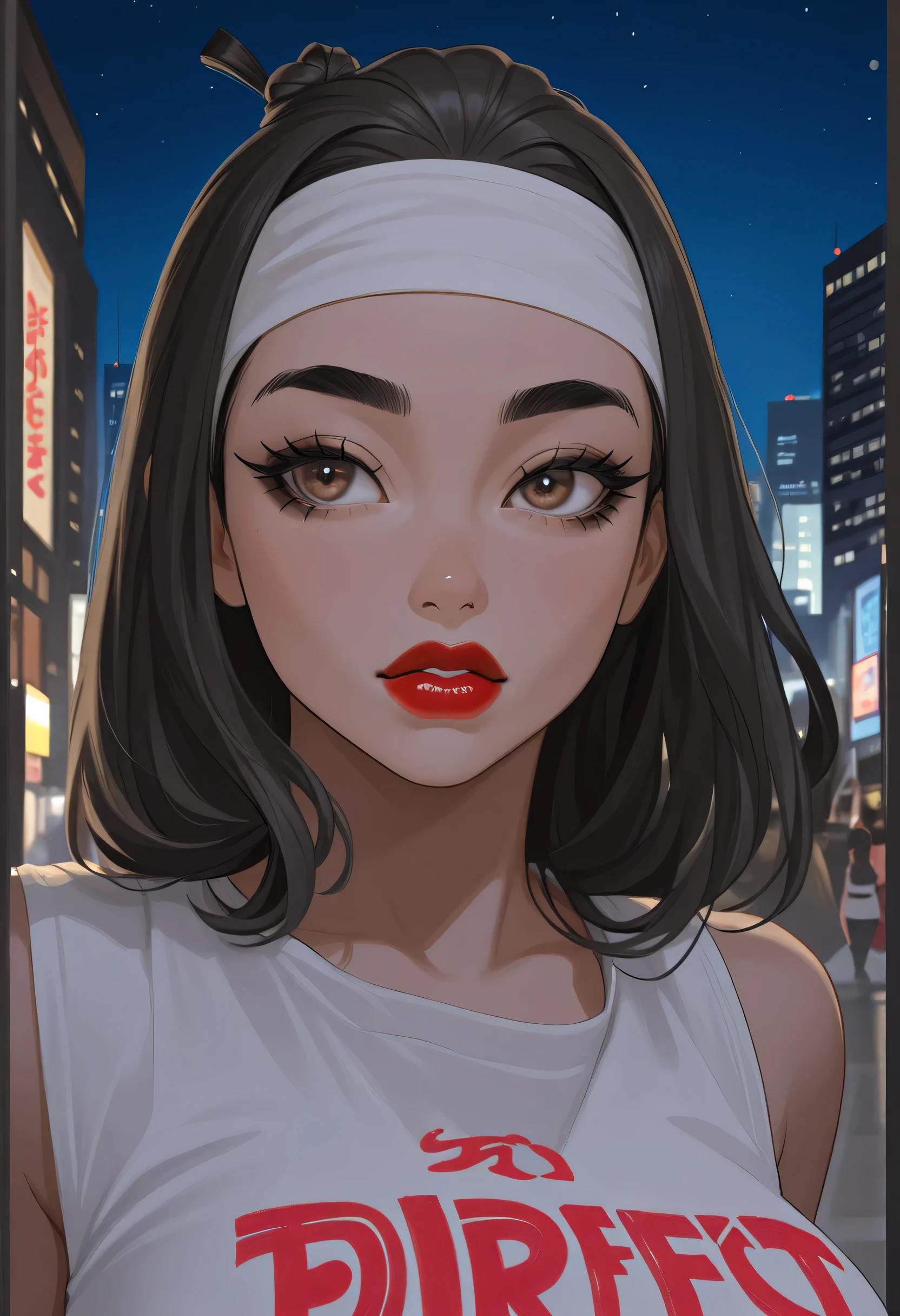 night sky, city street, perfect face, black hair, top knot hair bun, (white headband), black eyebrows, thick eyebrows, black eyelashes, black eyeliners, light brown eyes, bright red lips, thick lips, beautiful woman, white tank top, (female asian, asian face)