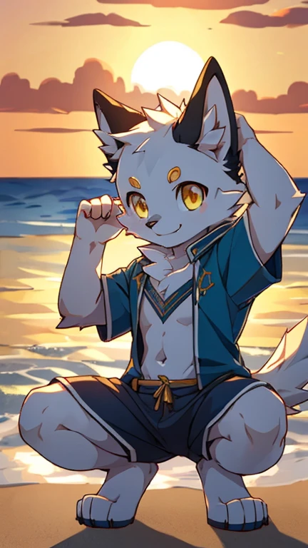 Furry shota, Young, wolf, black hair, long spiky ponytail, blue eyes, detailed body fur, blue kimono whit snow pattern, open clothes, red fundoshi, goggles, masterpiece, looking at you, fangs, clear grey body fur, detailed face, big eyebrows, detailed eyes, detailed body, no muscle, detailed hands, flat body, glistering body, skinny, japanese castle, clear sky, sly smile, :3, paws whit three toes, full body,