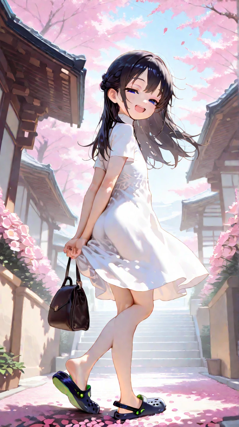 UHD, Super Detailed, High Quality, Best Quality, Masterpiece, detailed background, High Resolution, Anatomically Correct, 1loli, petite, 1preteen girl,skinny. A 14-years-old junior high school girl facing viewer with a smile, long black hair, she wear a white turtleneck sun dress, short sleeves, and crocs shoe. she standing on one leg at garden of sakura flowers within the cherry blossom trees, pink flower petals blown by the wind, the ground is filled by flower petals, looking back, happy, half-closed eyes, open mouth smile, she seems carefree and joyfull, she hold her arms behind her back while lifting one of her feet and lean on side, the shot was taken from a distance where it also captures the scenery dramaticly, Wide Shot, F/1.2, 