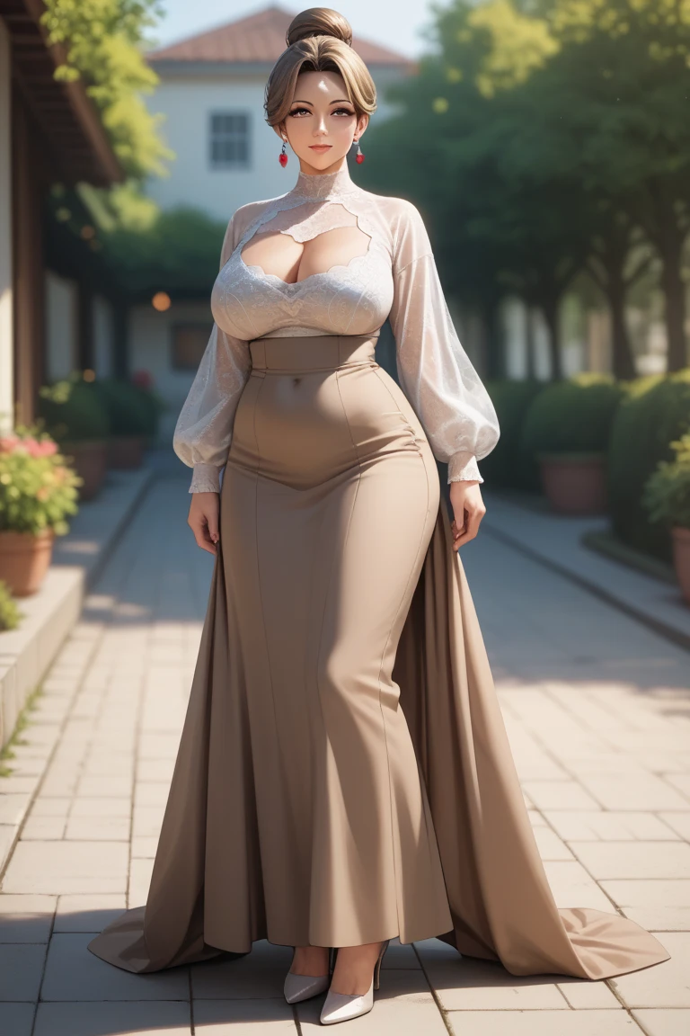 A very beautiful white American woman stands behind the cashier table at the restaurant. While looking at someone with excitement And a Passionate Faces for Sex. She wears a sweater which is not sexy but well as polite. And long skirt that tight also she wearing a hijab. The female has unbelievable amazing body and very an attractive body language. She has medium size breasts.