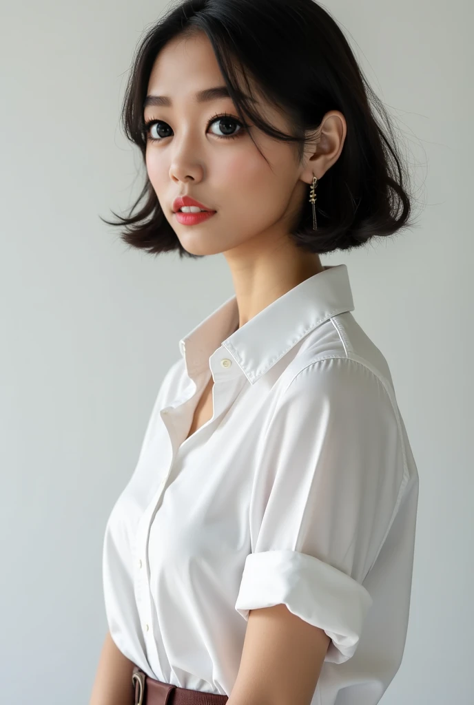 Best Quality, 8k, Masterpiece, (Portrait: 1.3), (photo realistic:1.4), (hyper realistic:1.4), Sharp Focus, looking at viewer, (smoother lighting:1.1), (increase cinematic lighting quality:0.9), realistic lighting, backlighting, light on face, ray trace, (brightening light:1.2), (Increase quality:1.4), sharp detail, (best quality real texture skin:1.4), finely detailed eyes, black_eyes, finely detailed face, 25 year old Korean woman, (white formal_shirt:1.4), (Create an image maintaining the original base model hairstyle:1.5), rilled_shirt