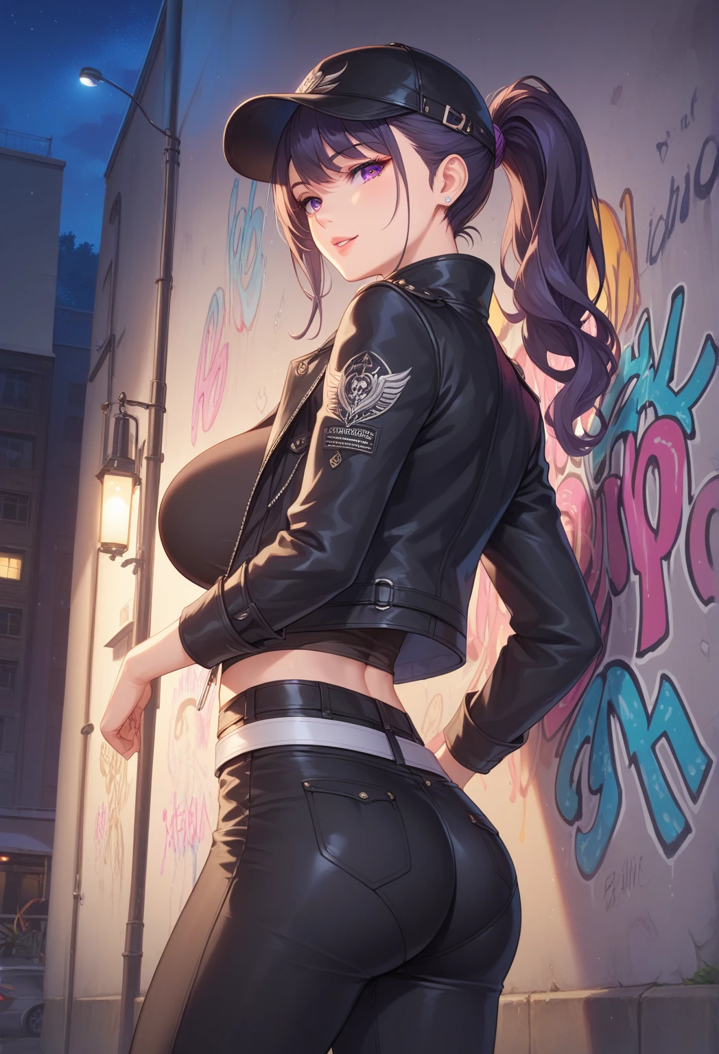 ((Best Quality:1.2, 8k,f/1.8,HDR, Sharp Focus:1.2, photo realistic:1.4, Masterpiece, depth:1.2, super fine :1.2, back Light, Ultimate 1Girl, Highly Detailed Facial Textures, detailed beauty makeup: 1.2, realistic skin, detailed eyes, detailed bangs)), (leather jacket), (leather pants), (headphones), (holding weapon), absurdity, (night city background), (dark clouds), (spotlight), (glossy dark blonde asymmetrical short hair), ((glaring)) , (big breasts), (many thieves, looking at girls: 1.35), (thieves surrounding girls: 1.35), looking back