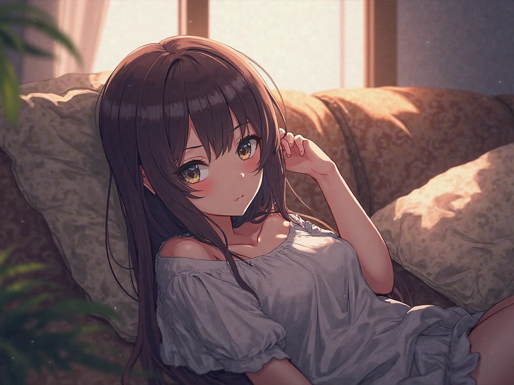 please put your hands on your knees, Angle from above, (Looking Up:1.2), Tilting head, (Leaning forward:1.5), ​masterpiece、top-quality、 A 25-year-old woman with long wavy brown bangs and red eyes..、BREAK She is wearing a white off-shoulder blouse., embarrassing break, Smile, Open mouth, is standing、Bed in the background、The tree、Plants、Upper body is shown、Alone、