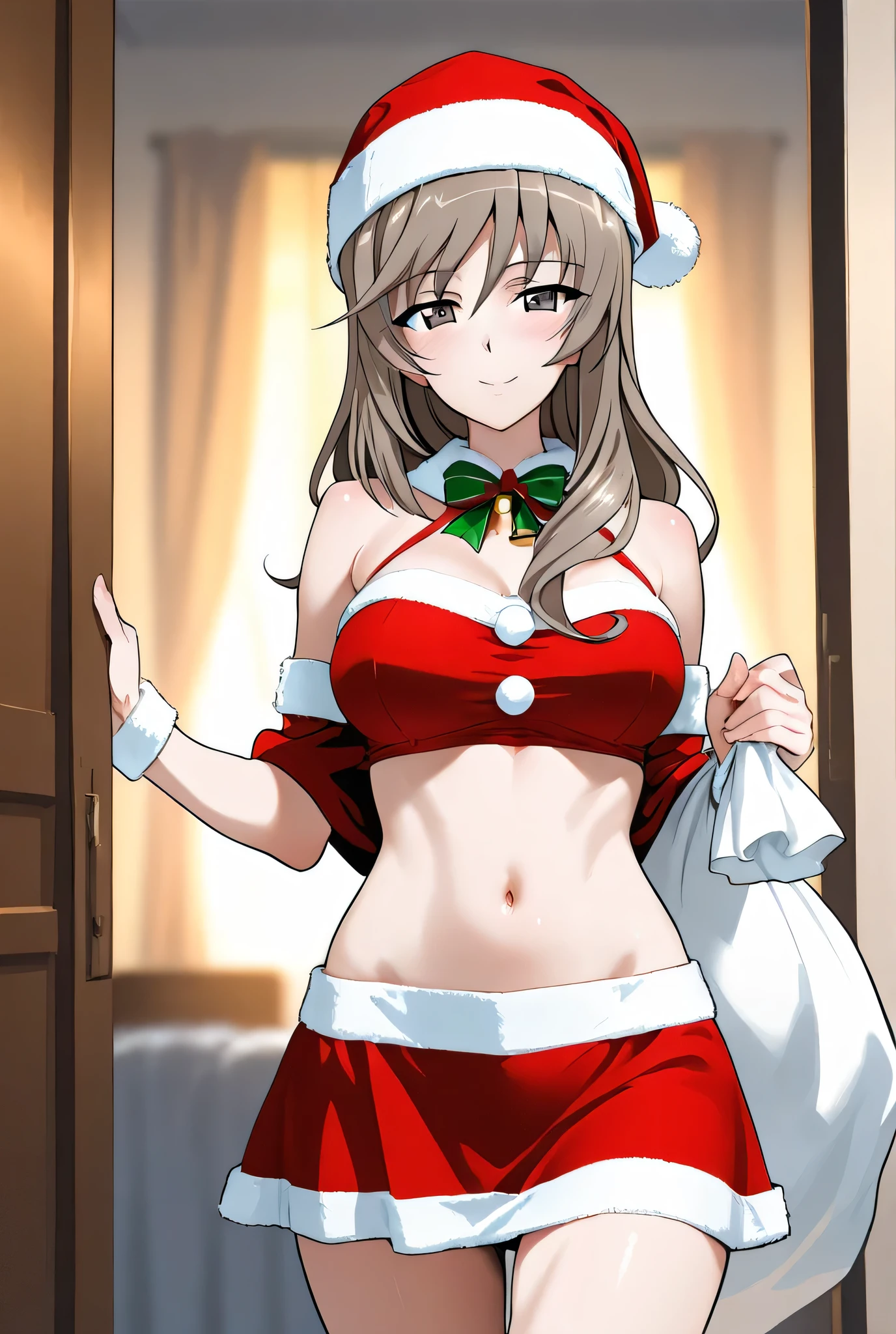 red santa claus bikini, red santa claus hat, christmas tree, (luxury livingroom background), Sigui, mature woman, anime cels style, best quality, high resolution, 1girl, (huge breasts:1.2), beautiful face, Beautiful Finger, Beautiful long legs, Beautiful body, Beautiful Nose,Beautiful character design, long hair, brown hair, Bangs, green eyes, (cowboy shot), smiling, looking at viewer, beautiful vagina, beautiful breasts, beautiful nipple