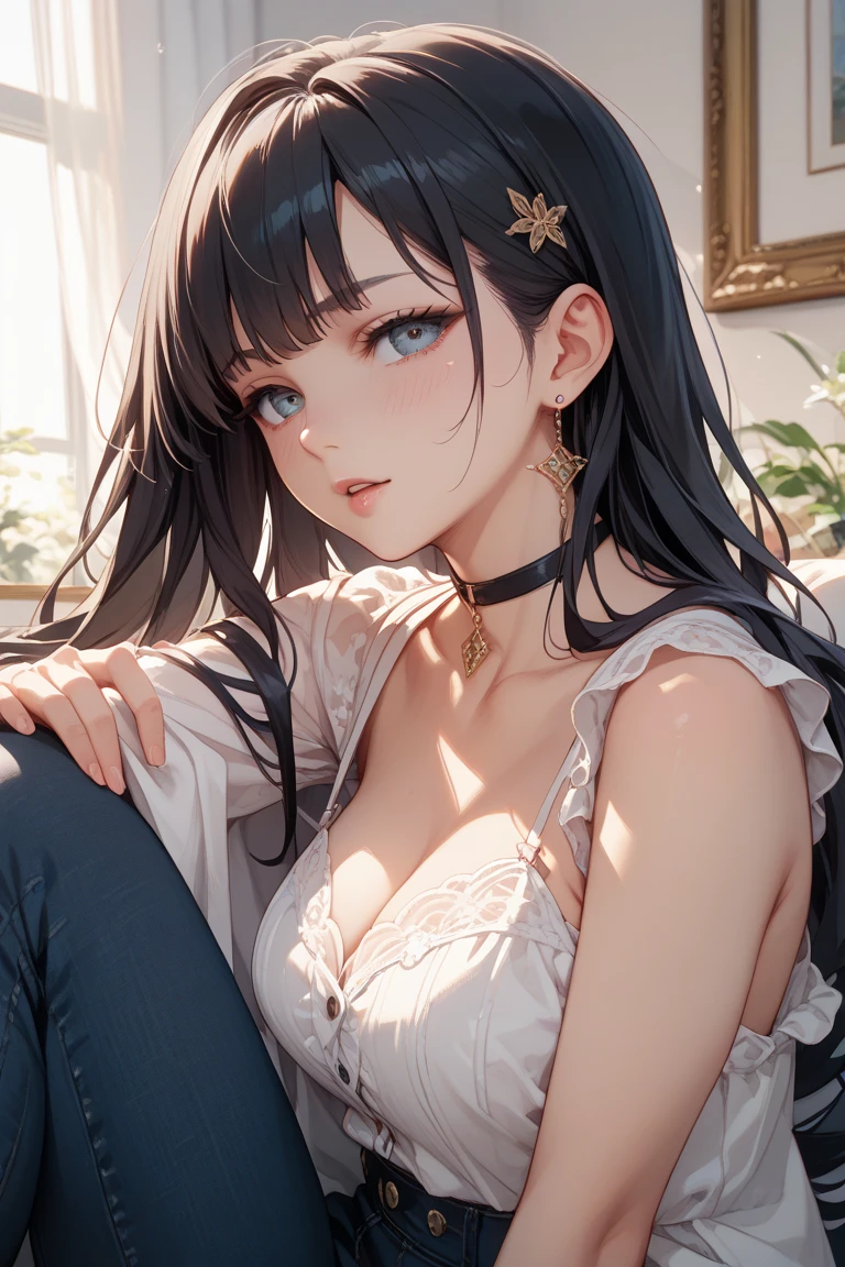 (Tabletop, Digital Art, Digital Illustration, 4K, 8K, Very detailed, Beautiful images, Clear images, Realistic, RAW Photos, Perfect Face, Perfect Lines, Perfect Eyes, Big eyes、Soft lighting) 1 female, (Long black hair,Straight hair,Bullish view,Beautiful woman,Man in suit,Apply makeup thoroughly,Girl,:1.3),masterpiece, best quality, 1 girl, 独奏, small breasts, swept bangs, black hair, long hair, black chinesedress, mini skirt, blue eyes, leaning forward, smile, (close-up breasts:1.2), cleavage, (Beijing:1.2)