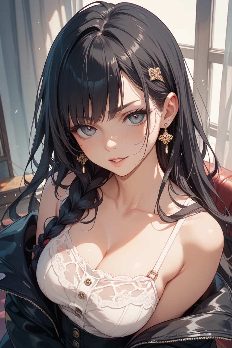 Delicate painting, Beautiful girl, Long black hair, Wavy Hairstyle, necklace, temperament, Medium breast,