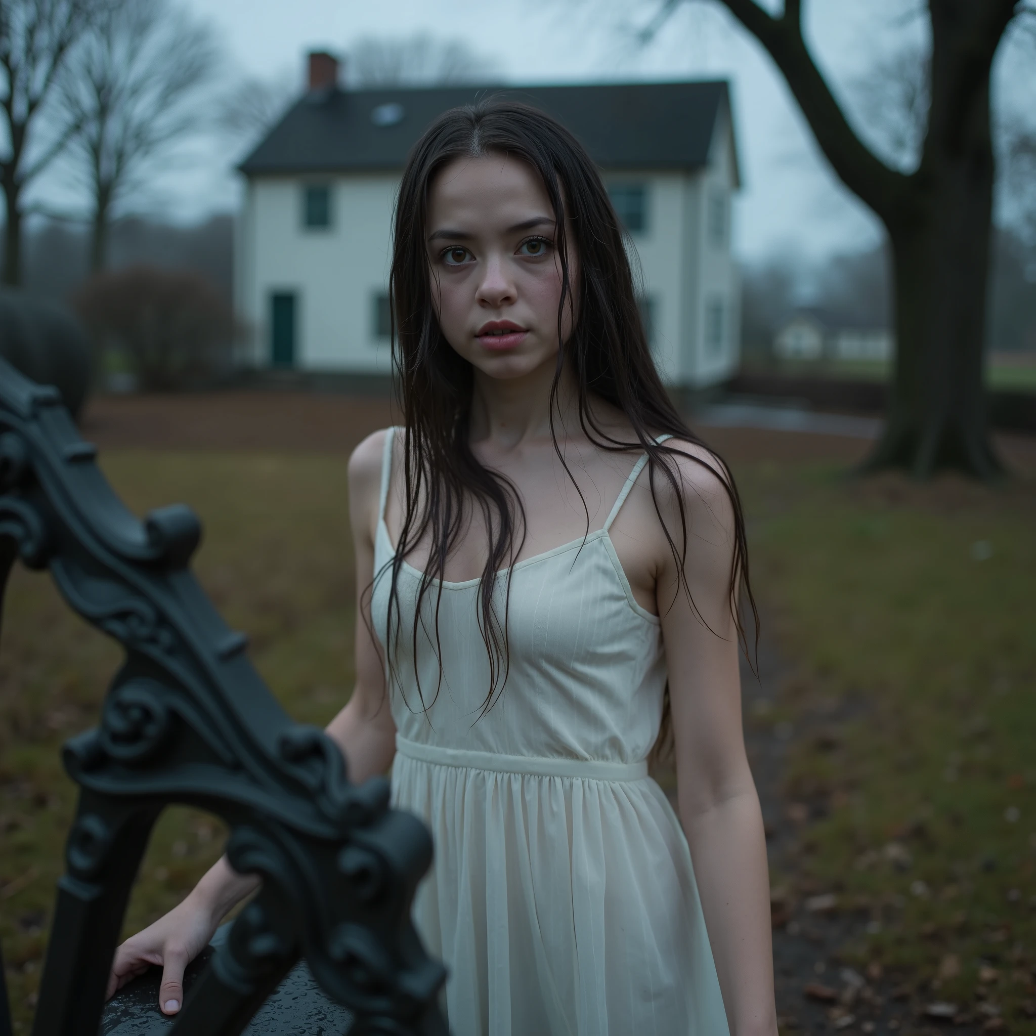 8K cinematic photo of a young woman standing behind a vintage white wrought iron bench in a cold, overcast garden. The model is slightly left of center, wearing a wet, semi-transparent light pastel dress with delicate lace trim above the knees. Thin straps and clingy wet fabric define her form. Her dark, long hair is soaked and clings to her pale skin and face. She gazes directly at the camera with wide, expressive light eyes and a subtle look of surprise or discomfort. Her arms are slightly lifted, hands open in a tense, uncertain gesture. The ambient light is soft and diffused from a cloudy sky, casting cold gray tones across the scene. Bare trees and a white house with dark windows fill the background, suggesting a late autumn or winter setting. The ground is covered in brown grass and fallen leaves. Water streaks are visible on her dress and skin. The atmosphere is damp, cold, and quiet, with a cinematic mood of vulnerability and introspection. Colors are muted with cool desaturation: pale skin, wet fabric whites, earthy browns, and soft shadows. The foreground includes partial blur of an ornate metal bench, enhancing depth and framing --ar 3:4 --v 5 --style photographic --quality 2 --uplight --wet fabric realism --overcast lighting --moody cold tone --high detail hair strands --cinematic portrait --no watermark --realistic skin texture --Canon EOS R5 simulation --85mm lens equivalent --f/2.8 shallow depth of field --desaturated color grade --emotional expression capture.