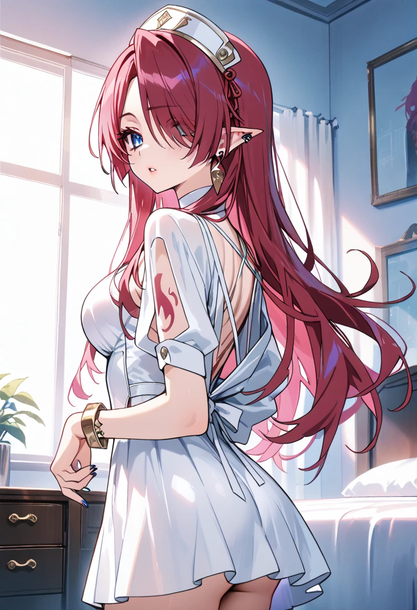 sfw, (cowboy shot), (ultra-high resolution, depth of field:1.3), 1woman, elegant, ((tan skin)), ((light red hair)), long hair, (single braid), choker, (hazel eyes:1.1), white pupils, (bat wings on the head), pointy ears, medium breasts, (intricate white sundress), belt, confident smile, living room scenery, night