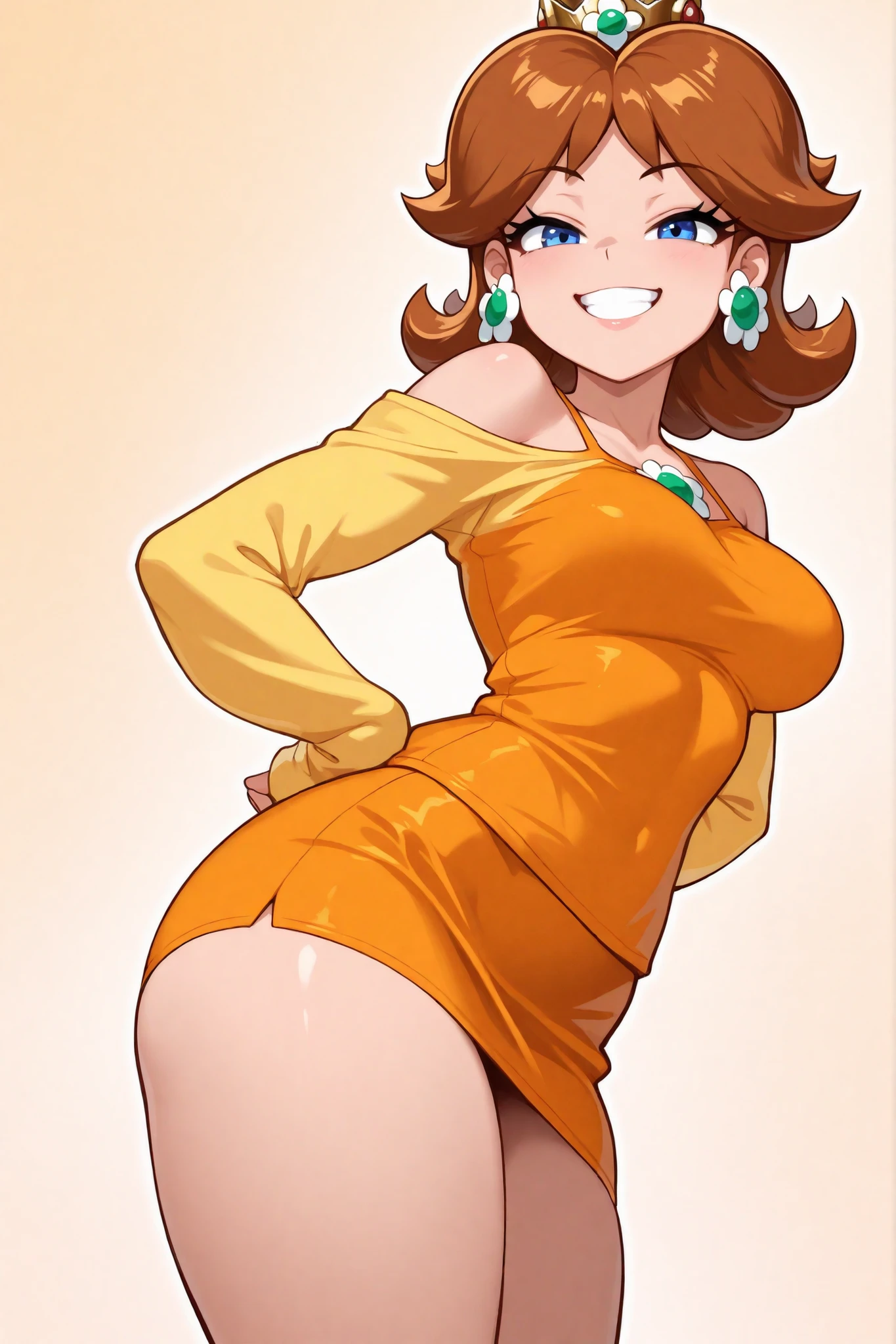 2d, one girl, princess_Daisy, Daisy, blue eyes technique, Daisies, the crown, blue eyes technique, brown hair, Earrings, ( arms without sleeves , Bare shoulder :1.2), orange camisole,  short skirt,  jewelry ,  thighs , 
looking at the viewer, half-closed eyes, happy, teeth,  A smile ,
masterpiece,best quality,great quality, is very beautiful ,Nonsense,The latest,
arms on hip, 