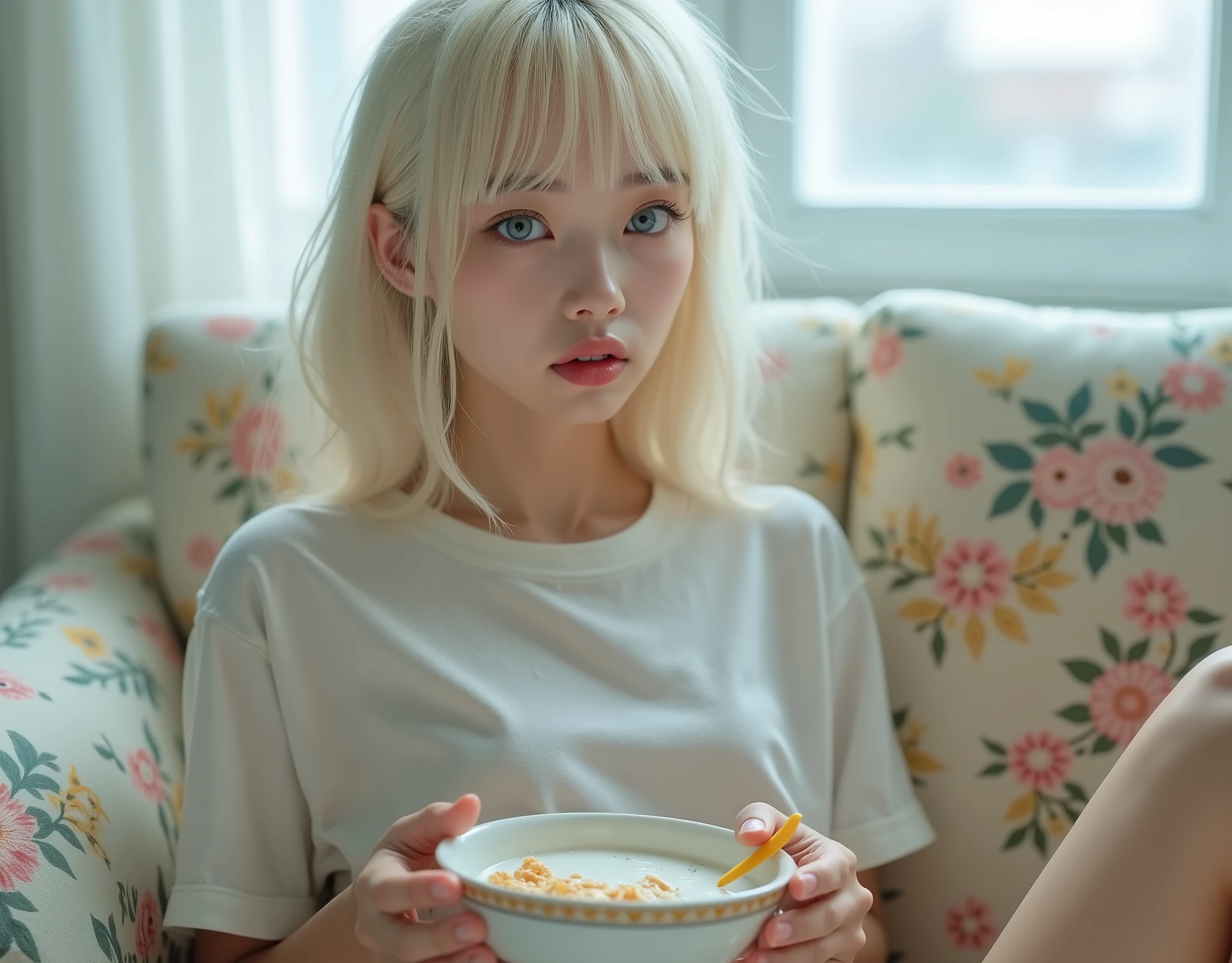 ((RAW Photo), Absurds, (Absurd Resolution)), (Masterpiece, Best Quality), ((Hyperrealism, Photorealistic)), (AI Fantasy), (realistic pupil, sky blue eyes), (cute Korean girl, 18 years old), (showy girl, she is very beautiful, she knows it and likes it), (platinum blonde, long ironed bob), (wears: long cotton t-shirt), ((leaning on floral print loveseat sofa, leg slightly bent)), (holding a bowl of cereal with milk and a yellow spoon), (bare legs), (white master bedroom), (she looks attentively at the viewer), ((Photo: Short distance from below. Photographic Perspective)). «SunPuma S»
