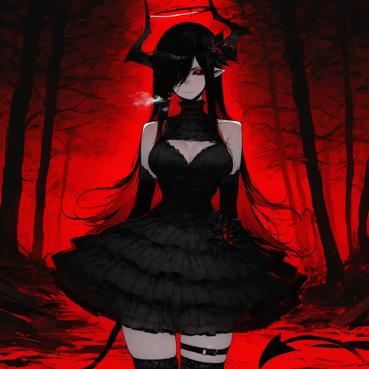 anime devil girl with angry look and in her hands is a black rose and dark fantasy style