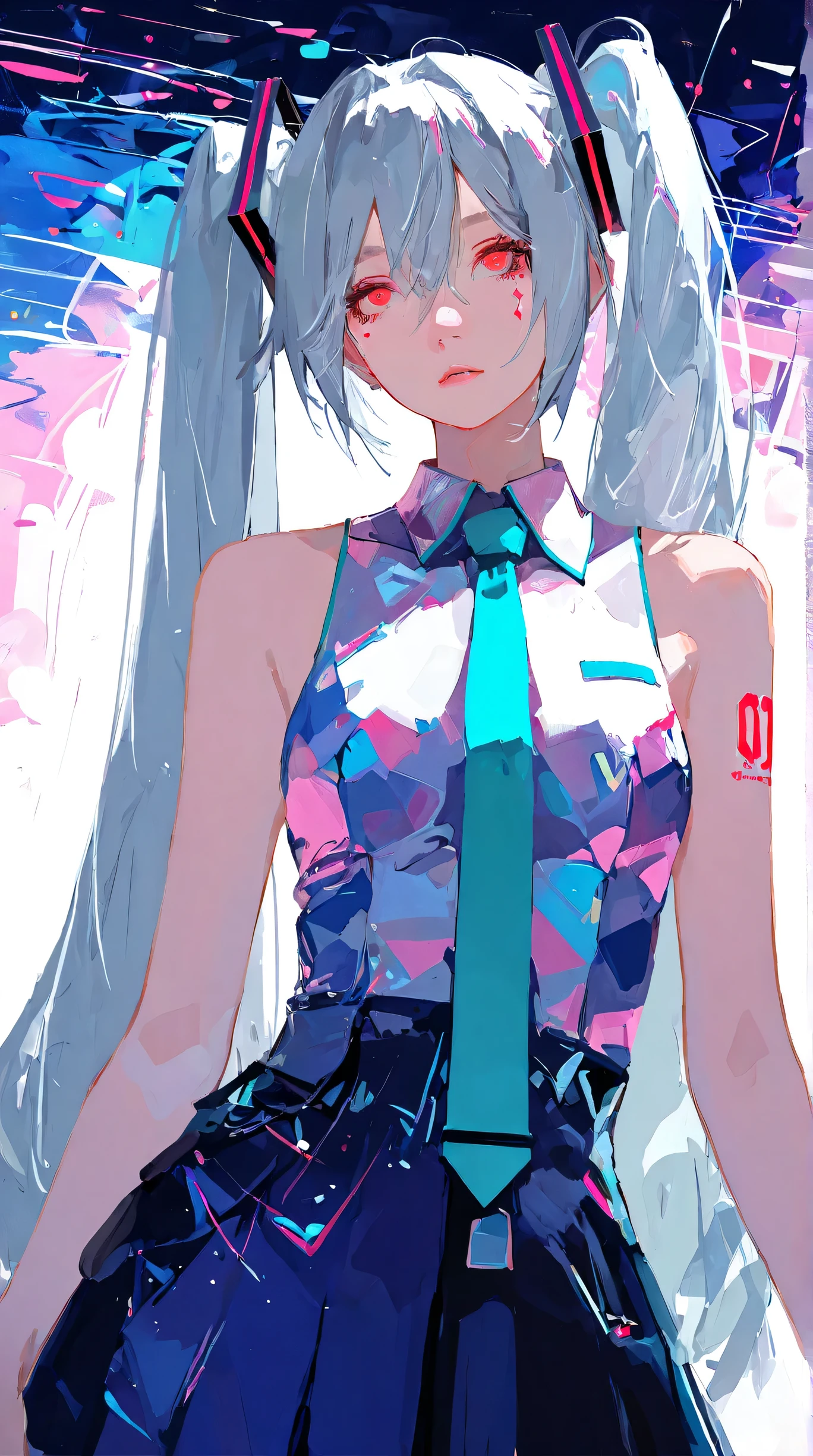 Masterpiece, Best Quality, Top Quality, Very Detailed, 1 girl, Stunning digital anime art of a futuristic anime girl with long flowing twin-tails, silver hair, and expressive red eyes. She's wearing a sleeveless futuristic outfit with digital patterns and a teal tie. The background is a bright, abstract world filled with glowing blue, white, and pink shapes, soft gradients, and energy particles. Her hair flows dynamically with a sense of motion. Style is ultra-clean, semi-abstract, dynamic lighting, high detail, vibrant color palette. Inspired by Vocaloid Hatsune Miku and digital music aesthetics.