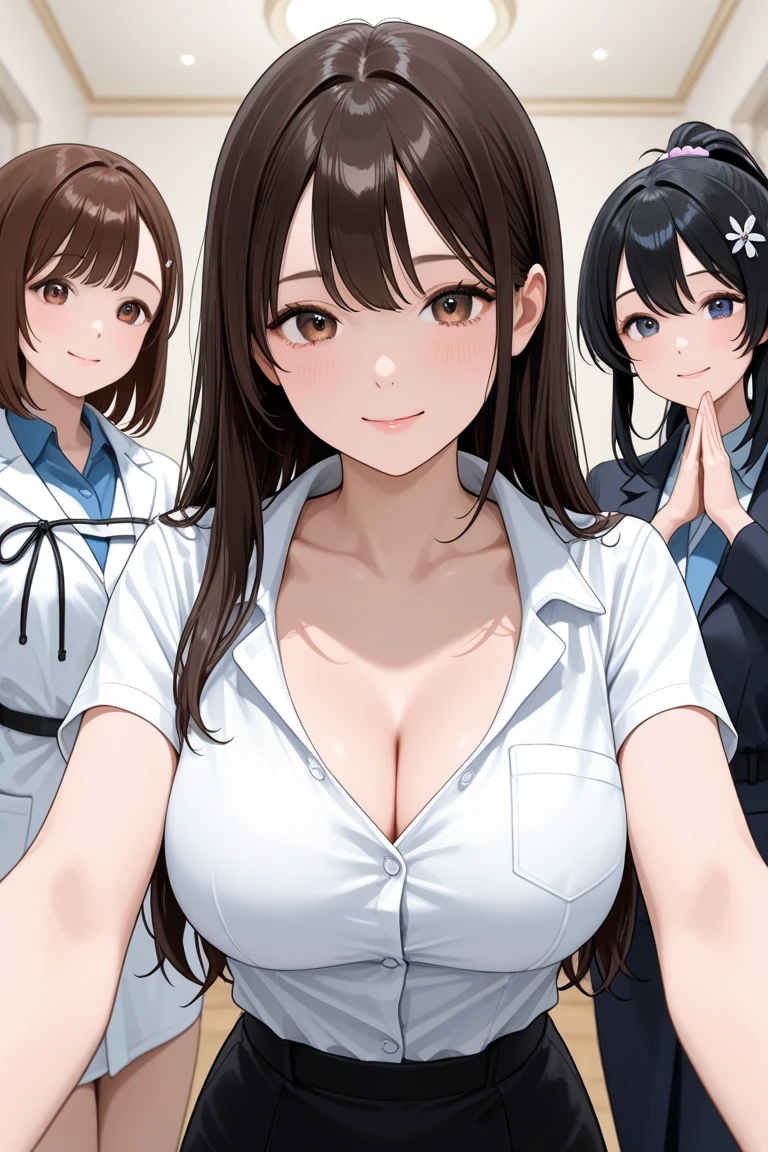 idolm@ster, score_9, score_8_up, score_7_up, 3girls, selfie, teacher/students, ((horny confident devious female teacher)) hugging shy 18yo girls, downblouse, in crowded class, dynamic, rich, expensive, intimate, erotic