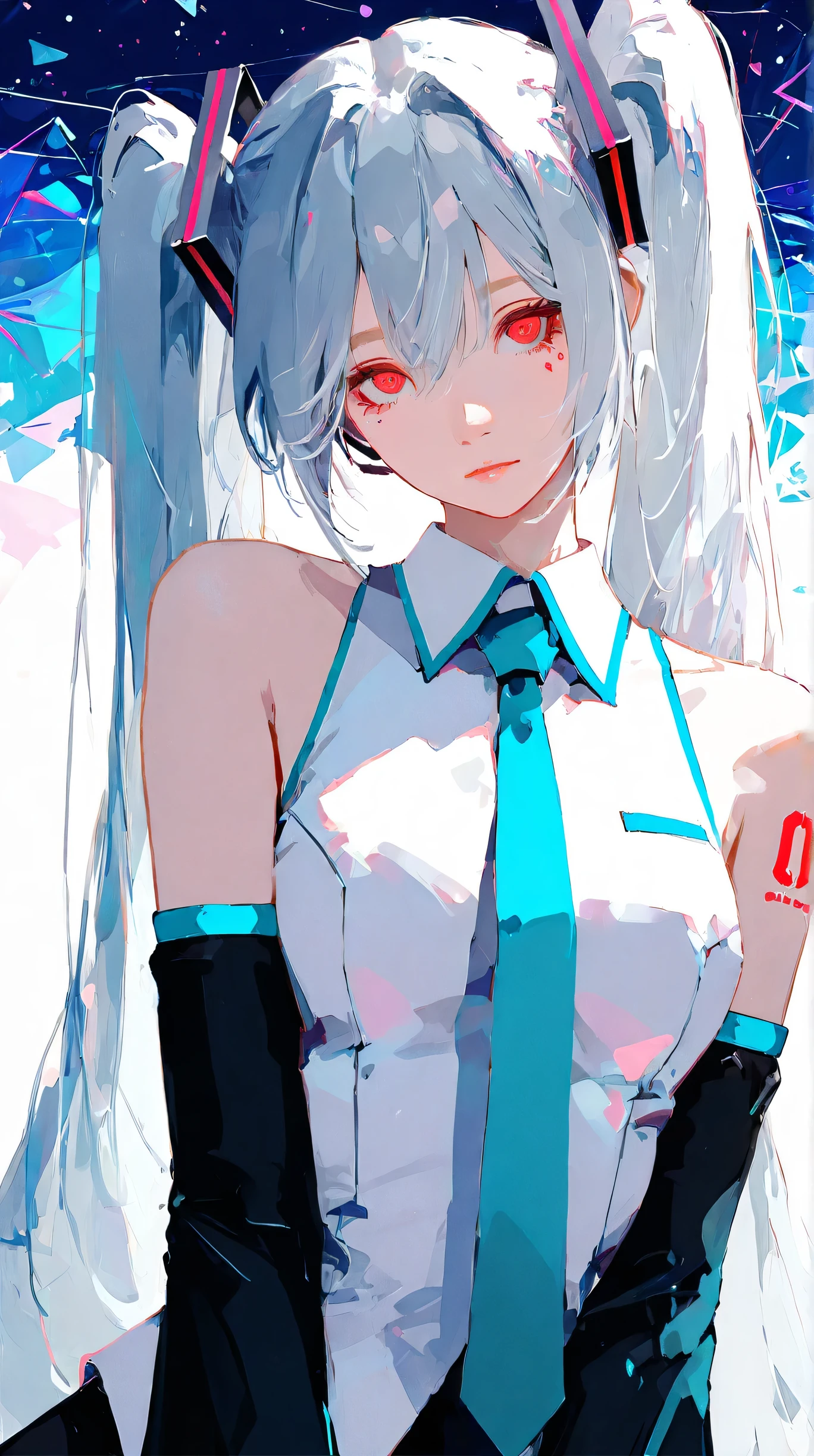 Masterpiece, Best Quality, Top Quality, Very Detailed, 1 girl, Stunning digital anime art of a futuristic anime girl with long flowing twin-tails, silver hair, and expressive red eyes. She's wearing a sleeveless futuristic outfit with digital patterns and a teal tie. The background is a bright, abstract world filled with glowing blue, white, and pink shapes, soft gradients, and energy particles. Her hair flows dynamically with a sense of motion. Style is ultra-clean, semi-abstract, dynamic lighting, high detail, vibrant color palette. Inspired by Vocaloid Hatsune Miku and digital music aesthetics.