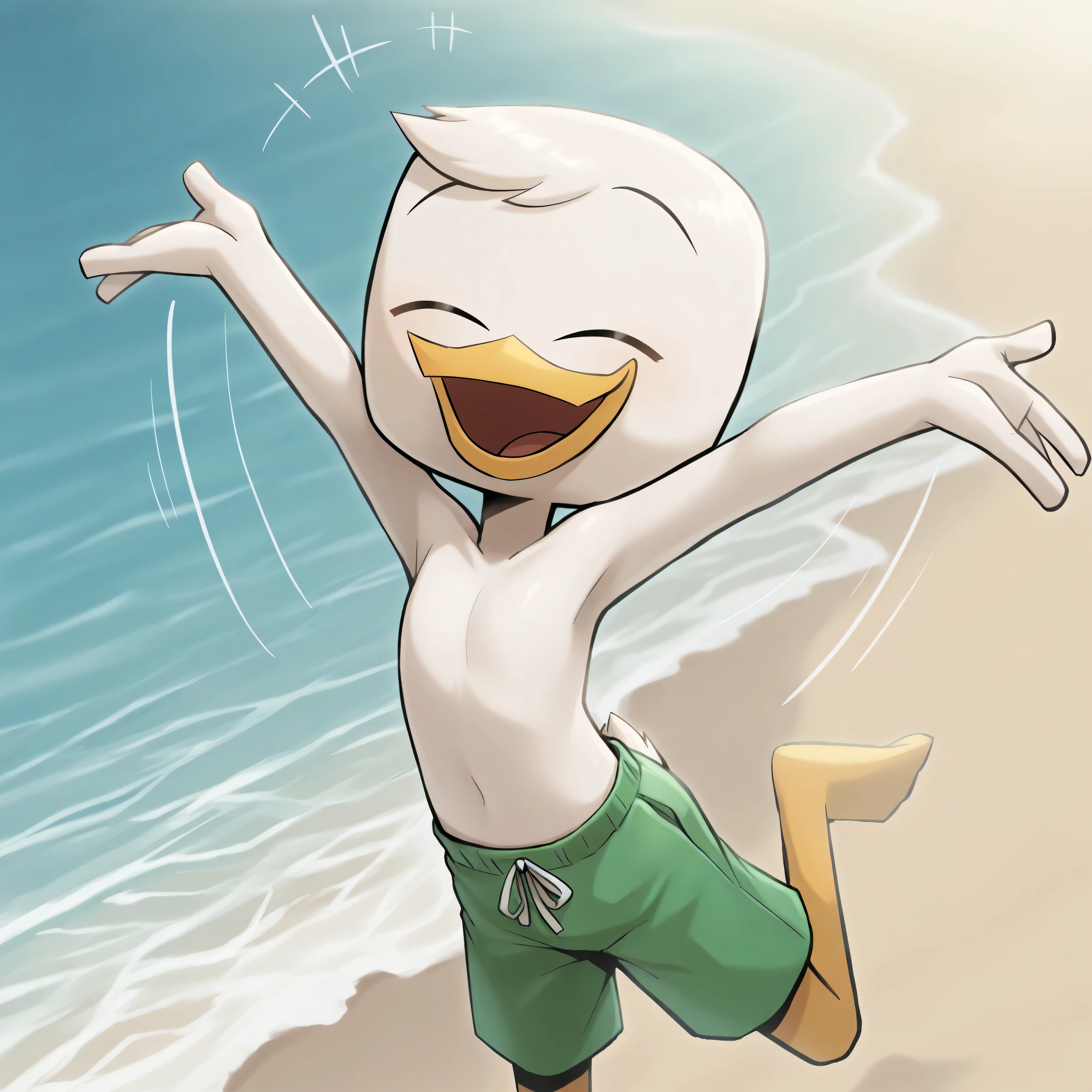 (masterpiece, best quality, very aesthetic, absurdres, artist:sakura, beach, shaded, motion lines, action lines,) 1boy, male, solo, louie duck, beak, eyes closed, on model, green swimming trunks, (happy, smile:1.2) perfect white bare skin, perfect bare chest skin