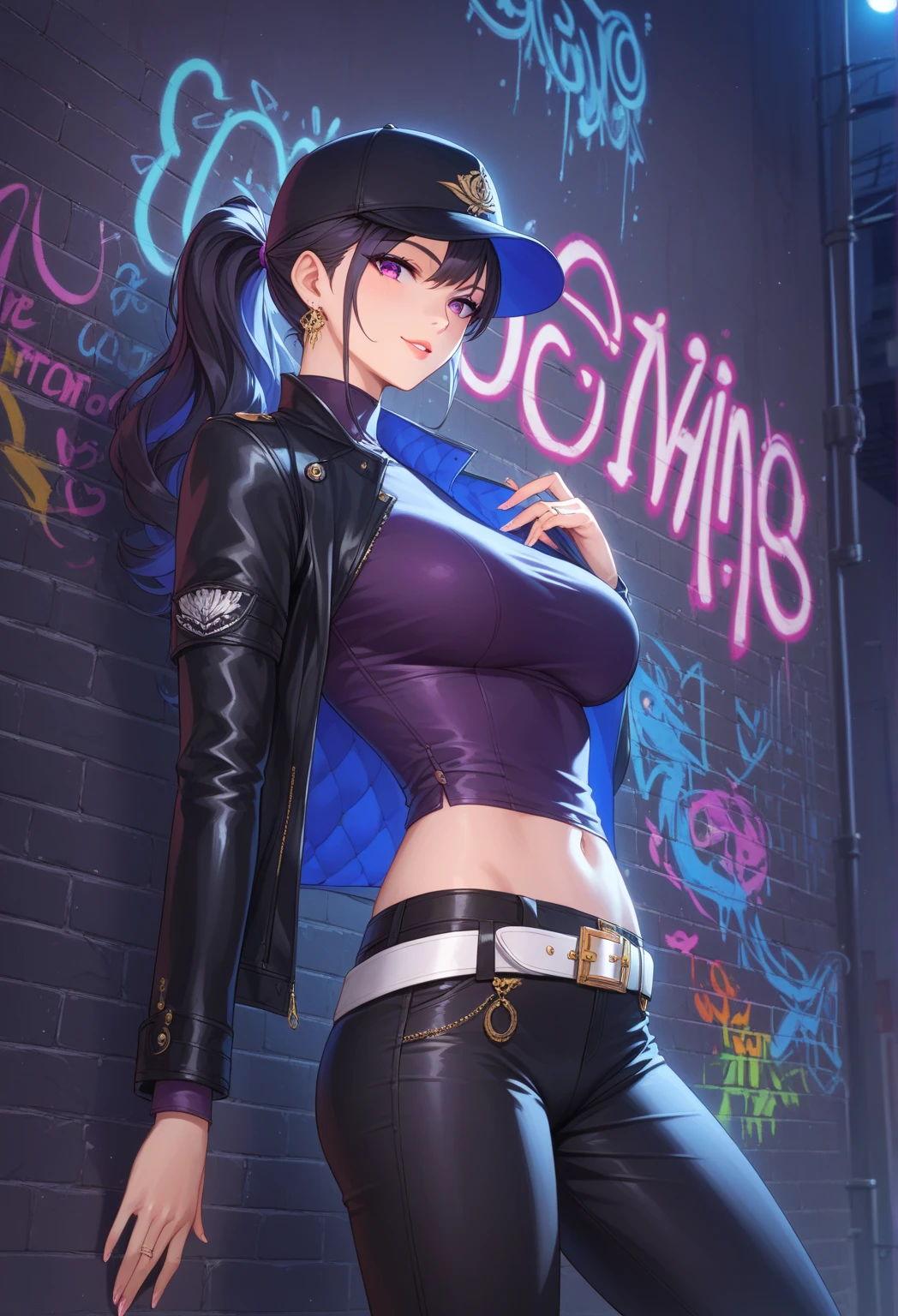 best quality,masterpiece,8k wallpaper,absurdres, highres, ultra detailed, (1 young beautiful girl, solo:1.1),k/da (league of legends), navel,fingerless gloves, cropped jacket,jacket, multicolored hair, samurai ponytail (loanword)ï¼belt, earrings, blonde hair, crop top, midriff, akali, makeup,purple hair, open jacket,two-tone hair, open clothes, blue eyes, lips, triangle earrings, belt buckle, black hair, breasts, black pants, hoop earrings, blue gloves, blue hair, zipper, girl lying on bed, 1boy, pov, missionary, pov making out on a girl, pov chest
