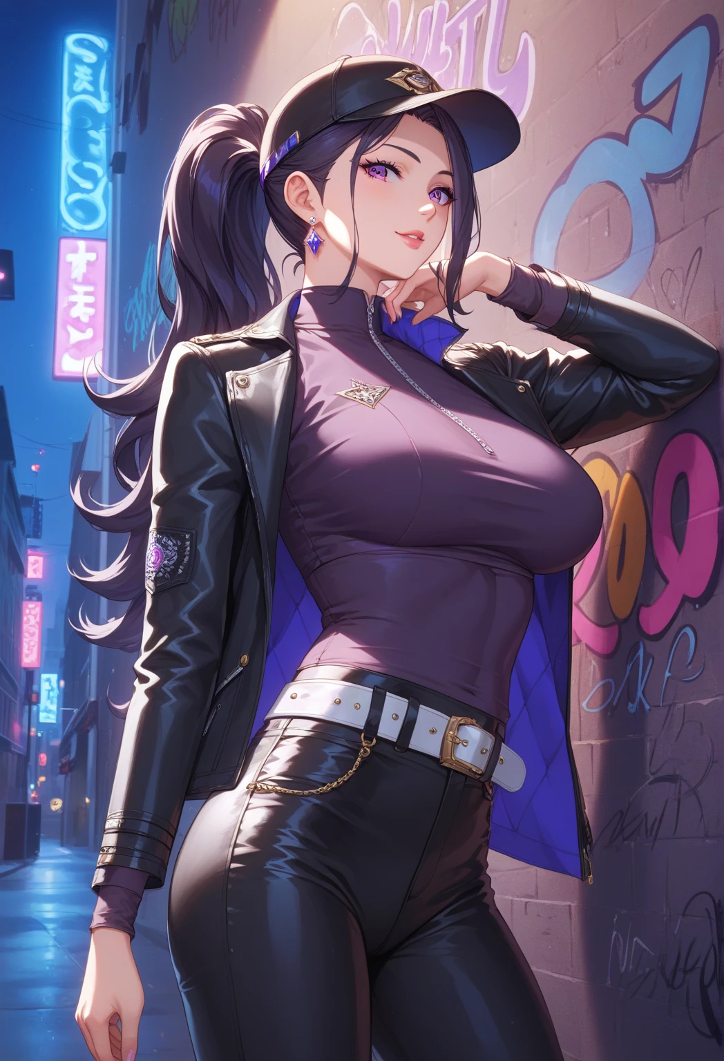 1990s, (masterpiece), high-definition, detailed face, cute girl, thick body, (big tits: 1.4) big hips, round ass, (black hair with dark purple highlights: 1.4), (tight grey t-shirt: 1.4), (black jacket: 1.4), (purple tight skirt: 1.3), belt, (black thong: 1.2), thigh high stockings, boots, fishnet, pin-up pose, balcony