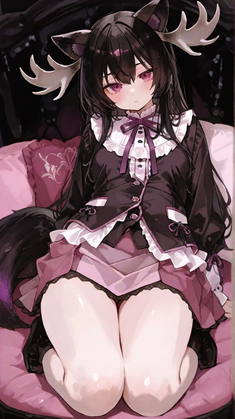 Anime girl sitting on a stool with cat ears erect,seductive anime girl,Have black hair,Yellow eyes,,Cute anime girl,Anime cute art style,Cute anime waifu wearing black clothes,Black mini skirt,Very Beautiful anime cat girl,Indoors,One of her hands is between her inner thighs,Beautiful anime girl,Beautiful anime,Beautiful anime cat girl,Charming anime girl,have beautiful legs,Wearing black strappy high heels
