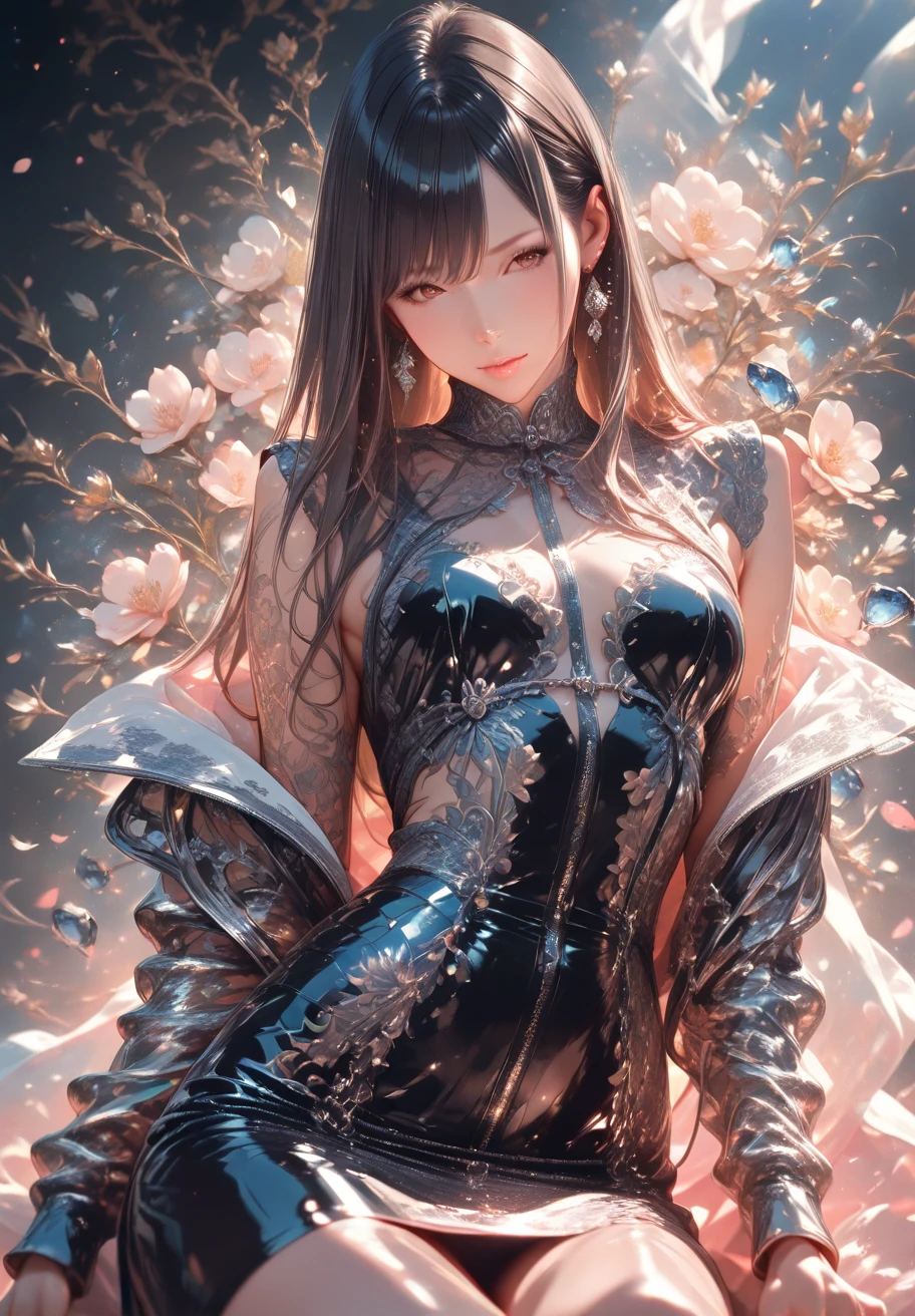 Photorealistic, High resolution, Soft light,1womanl, Solo, hips up high, glistning skin, (Detailed face),The tattoo, Jewelry, Dark Latex Halter Neck, cherry blossom, Night, White wavy hair, Beautiful Soldier, An eye that invites the viewer, Lover's perspective, inviting expression, Sexy smile, Perfect Style, Perfect balance, Detailed skin, Naughty gaze, Chest visible、see -through、Sheer feeling、Wet skin、Wet hair、Spread hair、Spread Stall、Wet clothes、sodden、See-through Halter neck、See-through gowns、Navel Ejection、the back is open、See-through halter neck dress、See-through kimono、Dynamic Posing、Fingertips are lips、