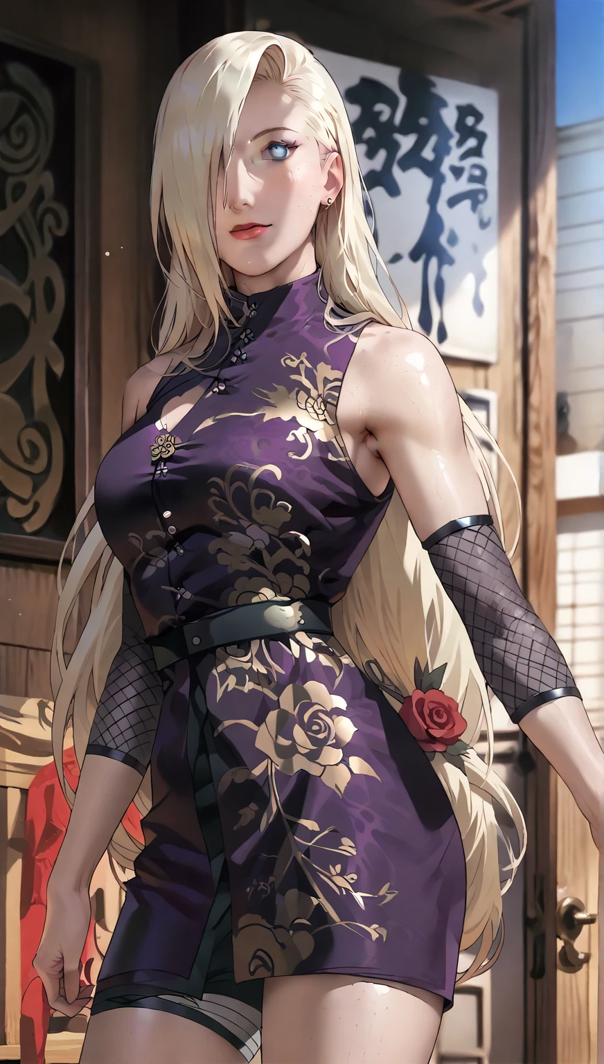 yamanaka ino, shaved armpits, long blonde hair, bangs, masterpiece,
BREAK (blue bowtie, cleavage, clothing cutout, white shirt, off shoulder, sleeveless, black corset, blue coat, snowflake print:1.2),
BREAK full bodyesbian，Standing on the ground，Slim，long leges，Stand up straight，nothing background，Slim，extra long leg，A sagging breast,arms behind back,
BREAK ((top quality, 8k, masterpiece: 1.3, ultra hd, high quality, best quality, high definition, realism)), sharp focus: 1.5, Beautiful woman with Slim body, (perfect hands, perfect anatomy),