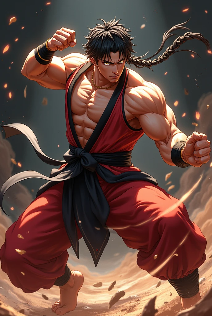 Oriental man, Cao Cao, brawny, straight black spiky hair, wearing a red headband, wearing a white karate gi, sleeveless, quite dirty, karate black belt, face with short, scruffy beard