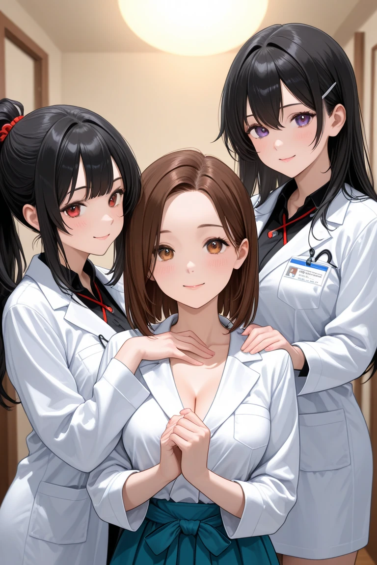 1 adult female、35-year-old woman、Huge breasts:1.5、sagging breast:1.5、Brown Hair、Light red eyes、Wavy Hair、Bobcut、milf、potbelly、Worried brow、smile、mole under eye、White nursing uniform、nurse、hospital、Hospital room、深夜のHospital room、Stethoscope