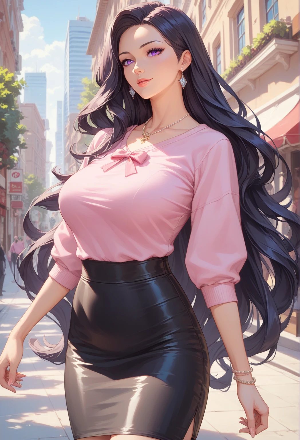 anime, 28 year old woman, taking a selfie, mischievous smile, long hair, dark hair color, stylish hairstyle, side hair long lush hair, long curls of hair pulled to the sides, Braids within the hair, curvy body, proportional body, sexy girl, beautiful mature girl, lovable character, crop top, short skirt, clarity, detailed, detailed face, very detailed drawing, smile, flirty look, city background, saturated background, perfect composition, soft natural volumetric cinematic perfect light, masterpiece