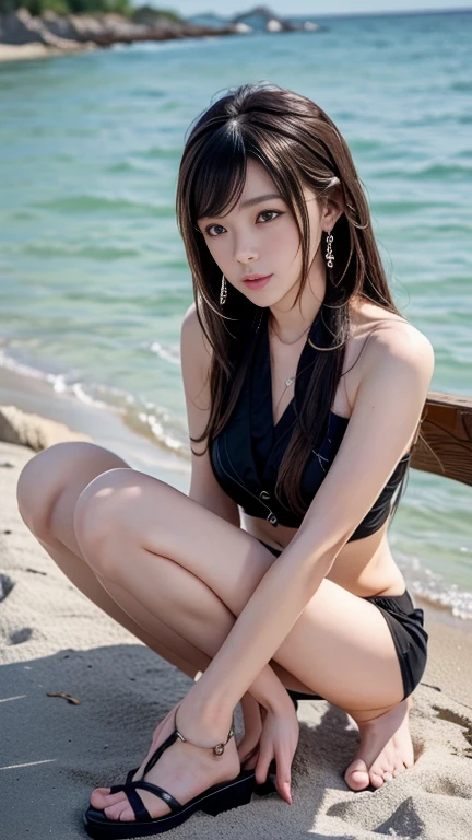 Highest quality, 8K, 、girl、Fluffy long hair、Tank top、mini skirt、Mid-chest、Beautiful Skin、Beautiful legs、Thin legs、smile、sea,