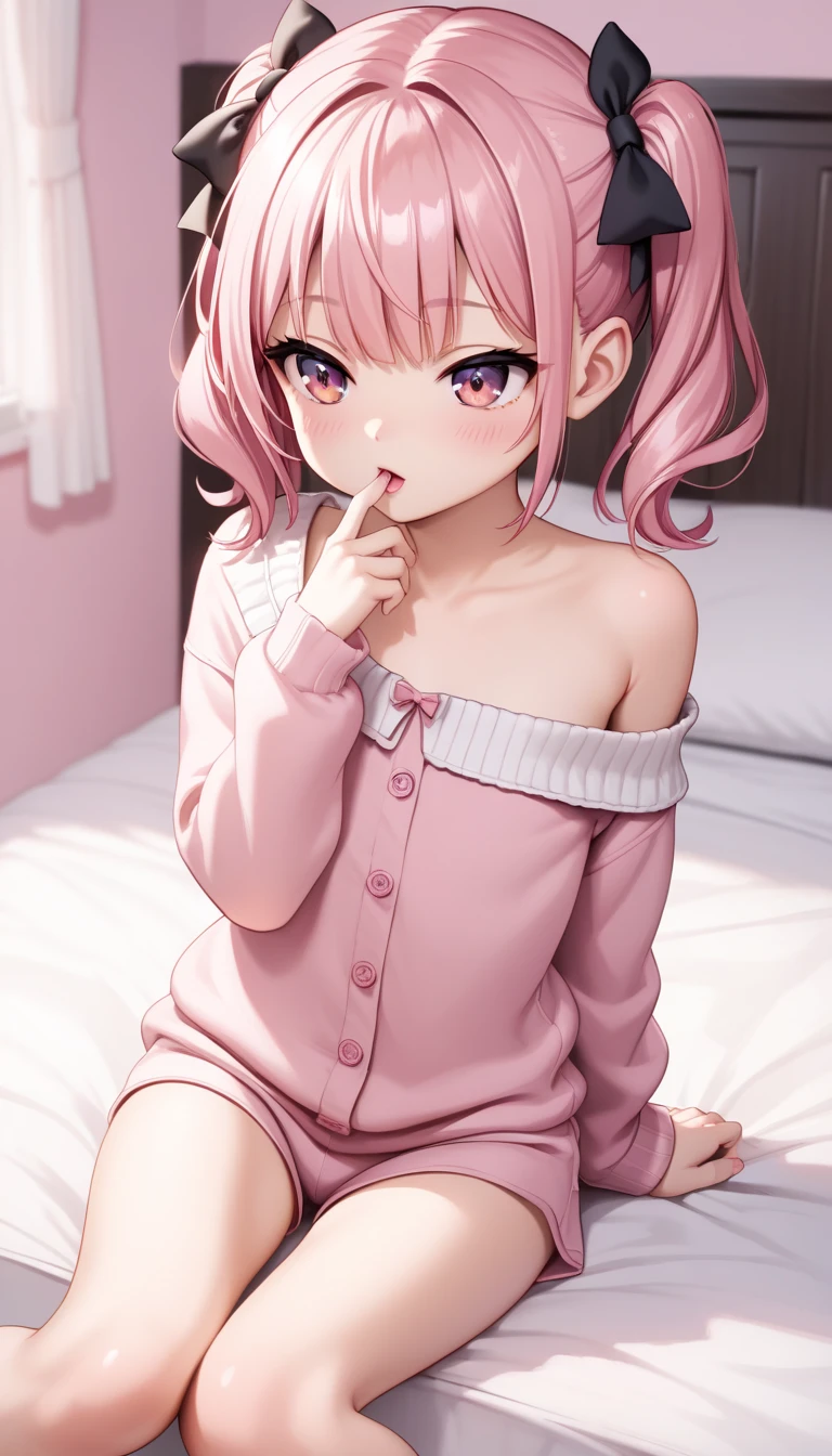 long pink shirt with a kitten drawn on it, no pants with panties showing, long pink hair,short girl, little tits, lying on the sofa with a sexy pose, holding the cell phone, naked, hairy pussy