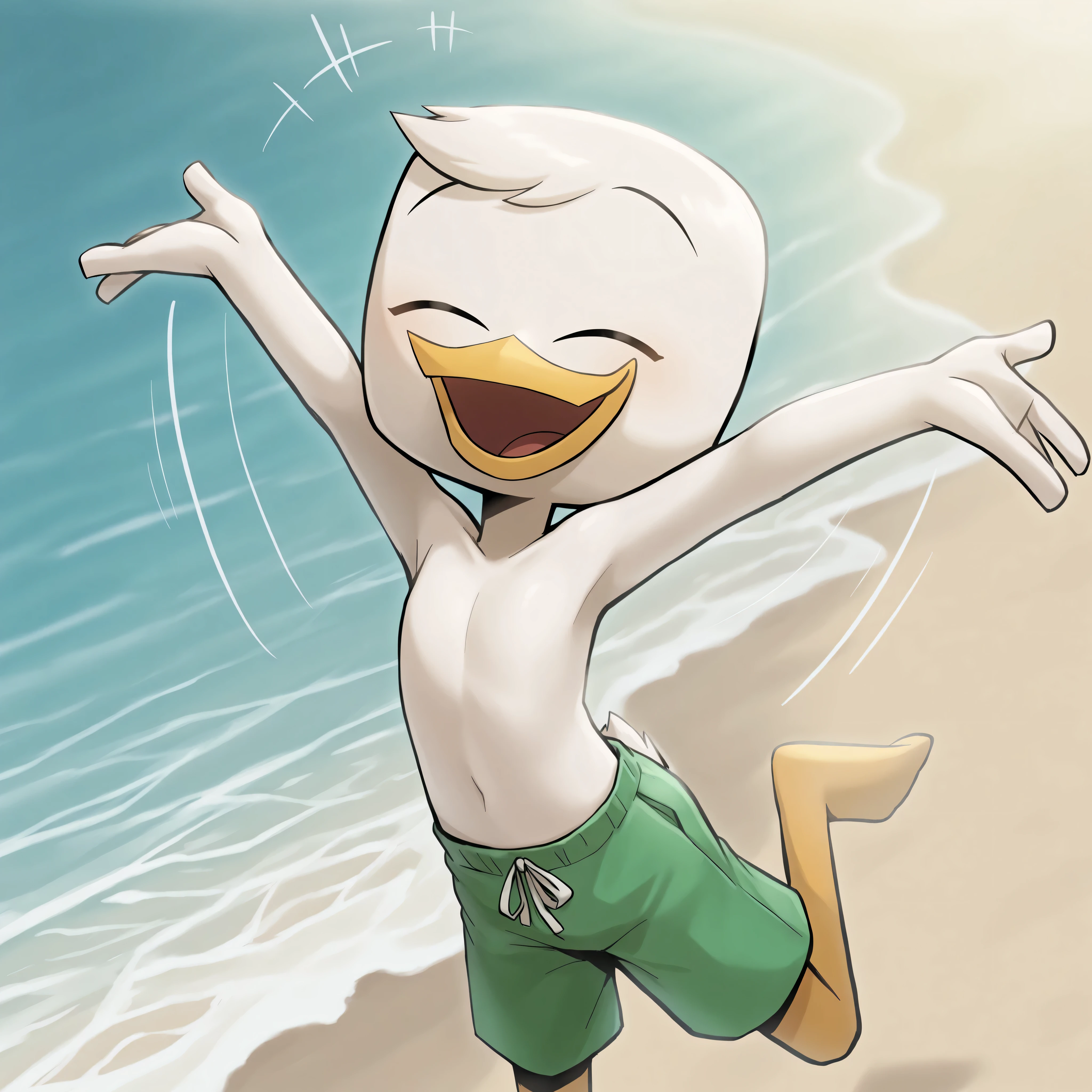 (masterpiece, best quality, very aesthetic, absurdres, artist:sakura, beach, shaded, motion lines, action lines,) 1boy, male, solo, louie duck, beak, eyes closed, on model, green swimming trunks, (happy, smile:1.2) perfect white bare skin, perfect bare chest skin