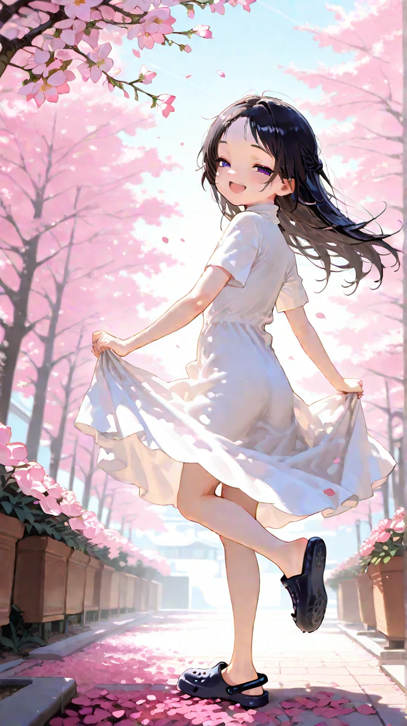 UHD, Super Detailed, High Quality, Best Quality, Masterpiece, detailed background, High Resolution, Anatomically Correct, 1loli, petite, 1preteen girl,skinny. A 14-years-old junior high school girl facing viewer with a smile, long black hair, she wear a white turtleneck sun dress, short sleeves, and crocs shoe. she standing on one leg at garden of sakura flowers within the cherry blossom trees, pink flower petals blown by the wind, the ground is filled by flower petals, looking back, happy, half-closed eyes, open mouth smile, she seems carefree and joyfull, she hold her arms with knive behind her back while lifting one of her feet and lean on side, the shot was taken from a distance where it also captures the scenery dramaticly, Wide Shot, F/1.2,
