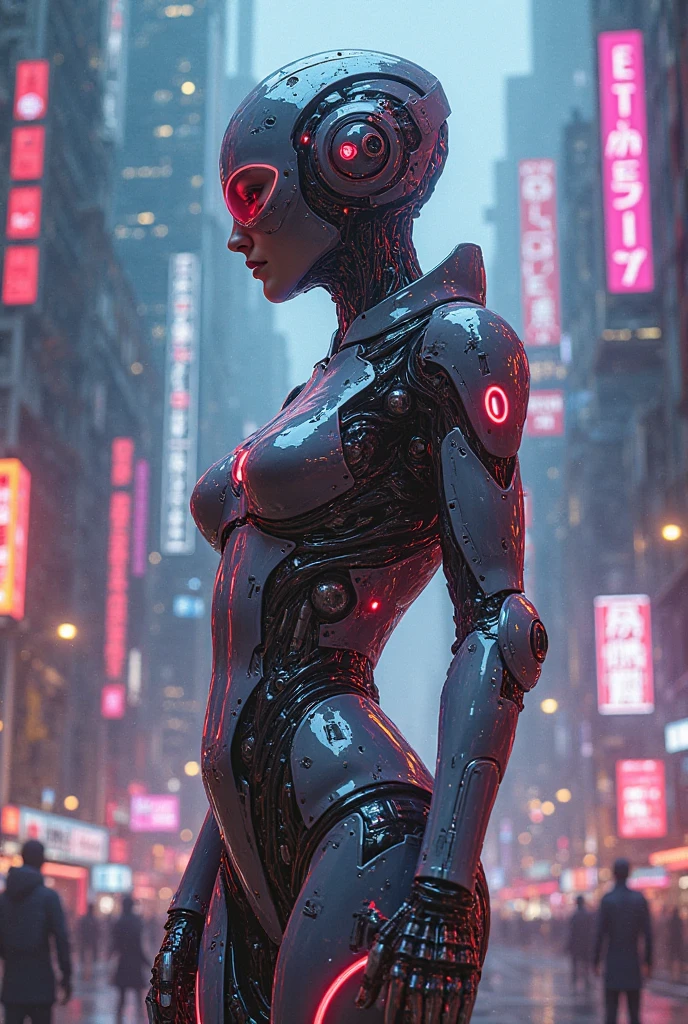 A robotic Man in high sky and city with red nein light