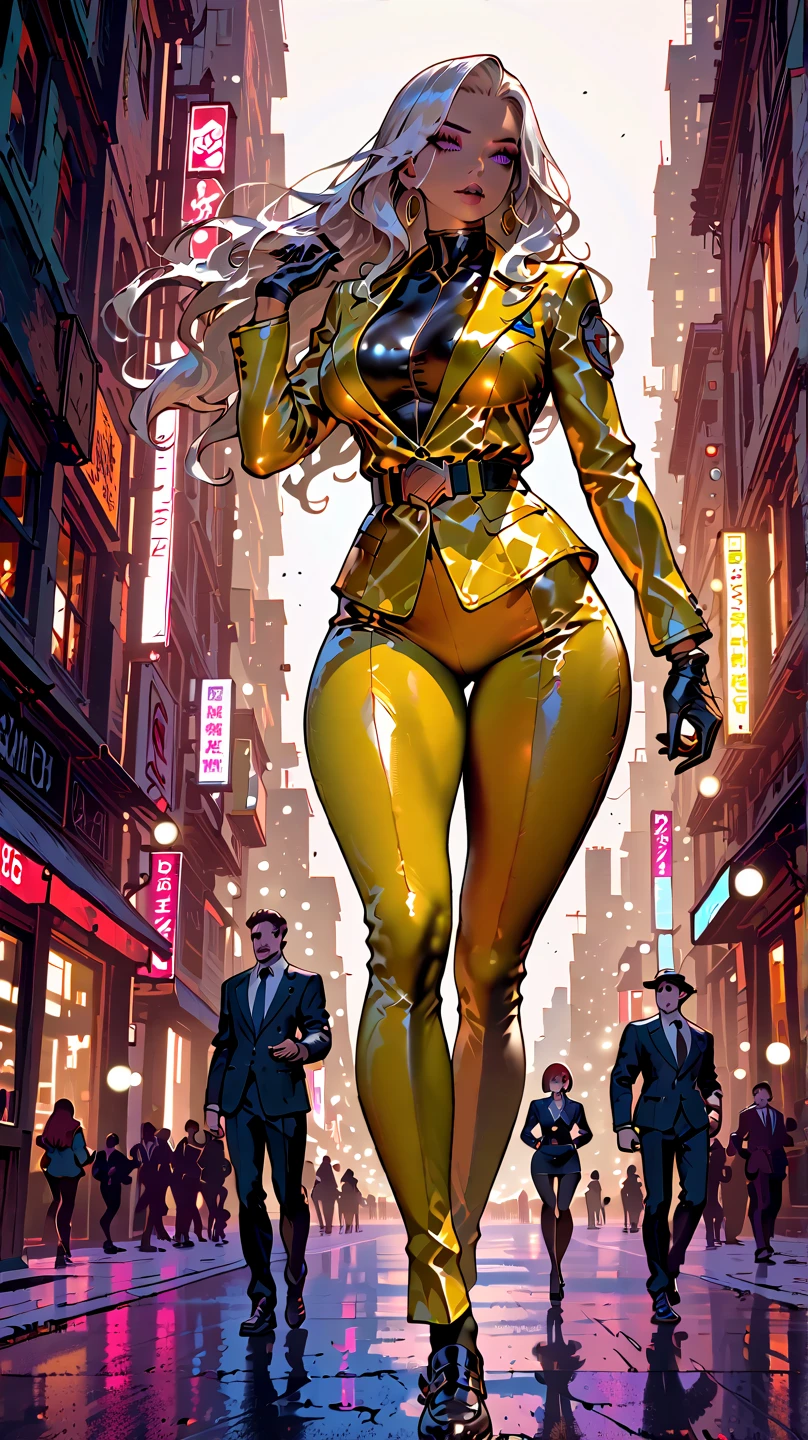 (((best quality))), (((masterpiece))), alone, super nice photo, Full Body Image Unreal Engine 5 8K UHD, beautiful woman, curvy woman, Face detailed, wears skin-tight latex catsuit with golden lace, Latex Collar, Latex gloves, Latex long socks with straps, arm and leg cuffs, unified 8k wallpaper, Hyperdetailed, keen focus, on foot in the futuristic city.