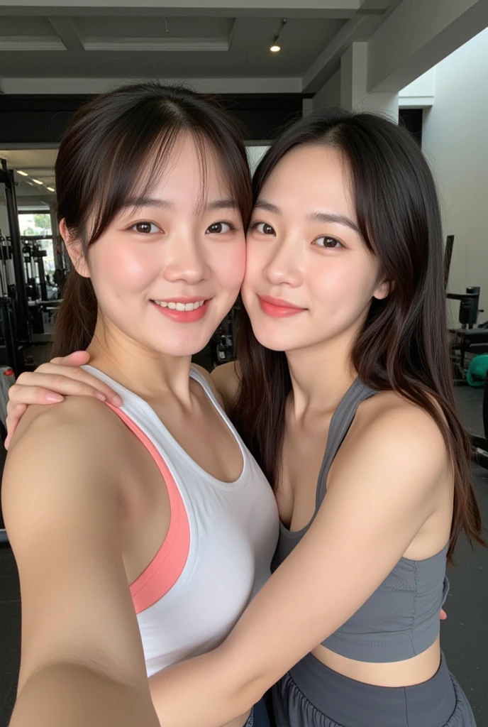 Two beautiful women with incredibly large, overflowing breasts are working out at the gym, wearing glossy workout clothes. They are gazing at you with moist eyes, wearing red lipstick, with wet hair, a wet body, sweat dripping, short hair, and a smile.