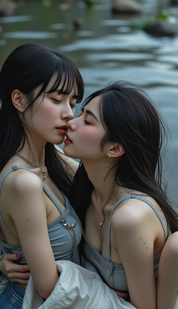 (Highest quality, 4K, 8k, High resolution, masterpiece:1.2), Very detailed, (Realistic, photoRealistic, photo-Realistic:1.37)、Two Girls、Japanese、Beach、(Completely naked)、(Hair Color:Random)、(Hairstyle:Random)、((Kissing))、