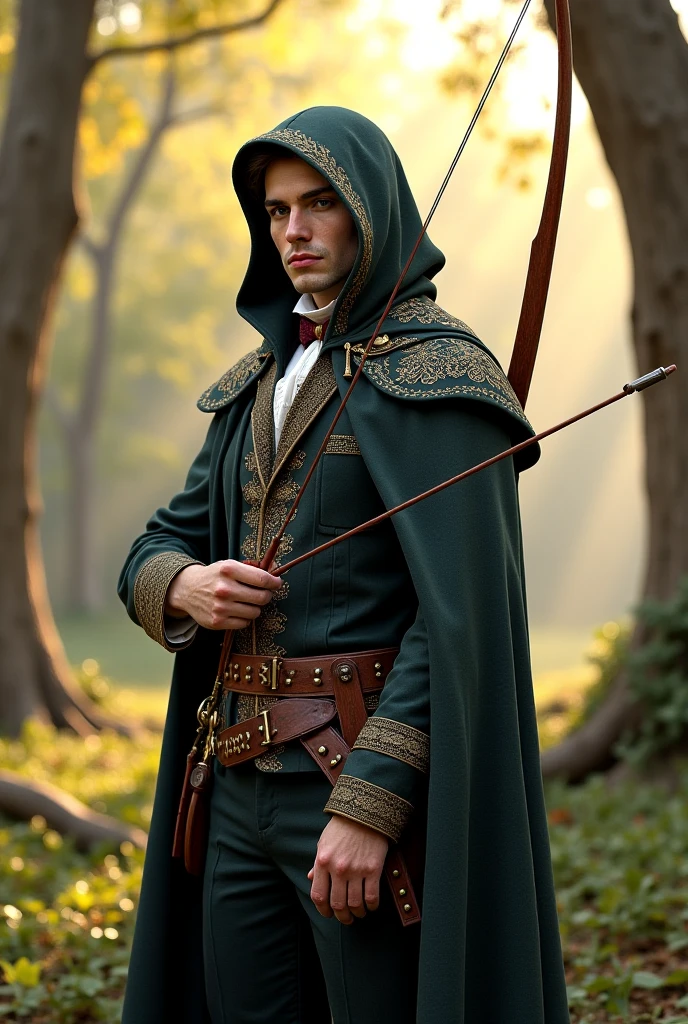 (realistic oil art, waist-deep image, young 20-year-old man, Caucasian, brown hair, thin beard, discreet glasses), Renaissance inventor's costume, medieval clothing, green, brown, black, utility belt, critical camera, blurred background, warm light, more details in clothing, strong leftovers, creative pose