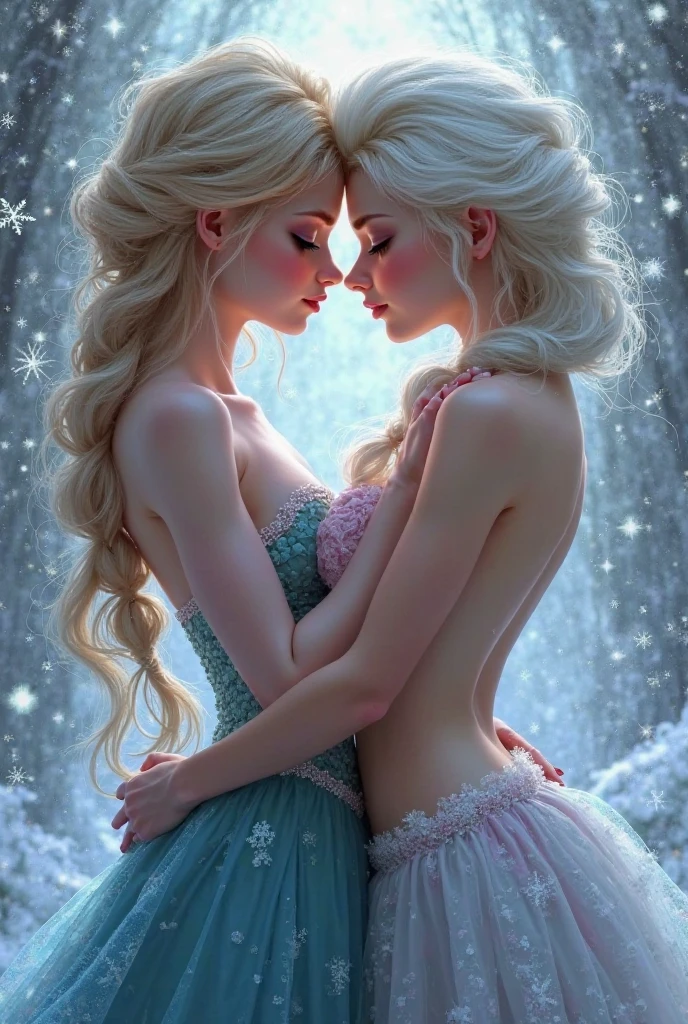 Princess Elsa in invisible bikini and Anna invisible bikini kiss in the ice castle