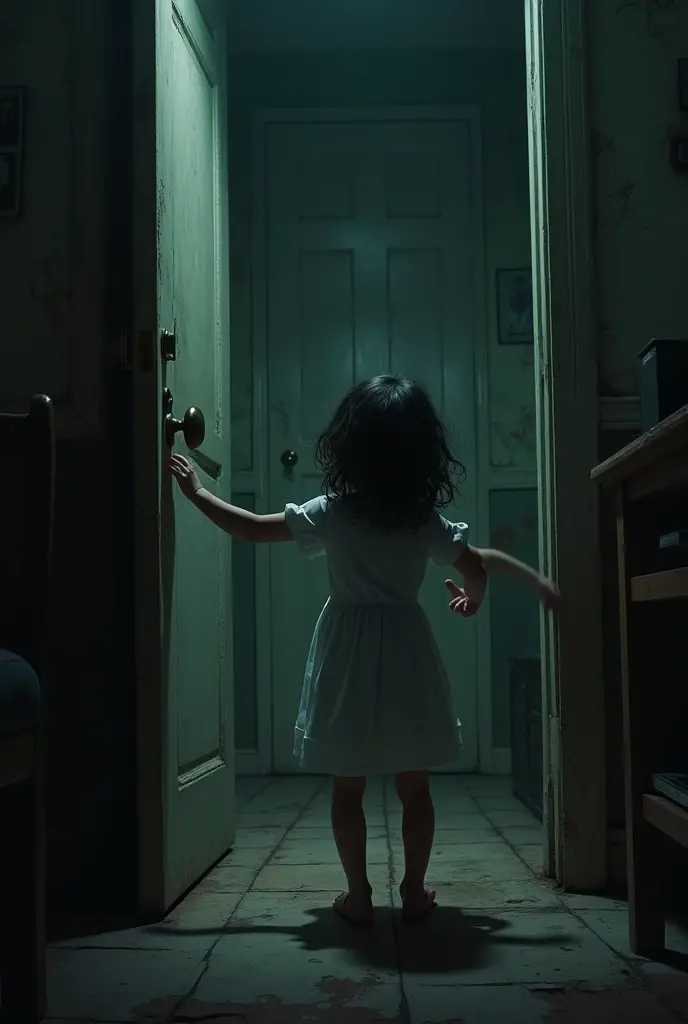 girl in a horror room trying to open the door