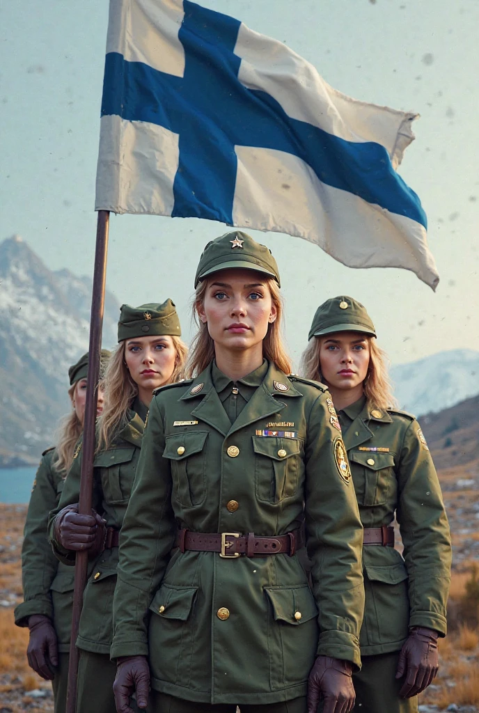 Two women in a war clash dressed in soldier's uniforms More realistic background in a scenario of fire and flames of war, keeping the same women and logos intact in the images versions of other women following the same theme --auto