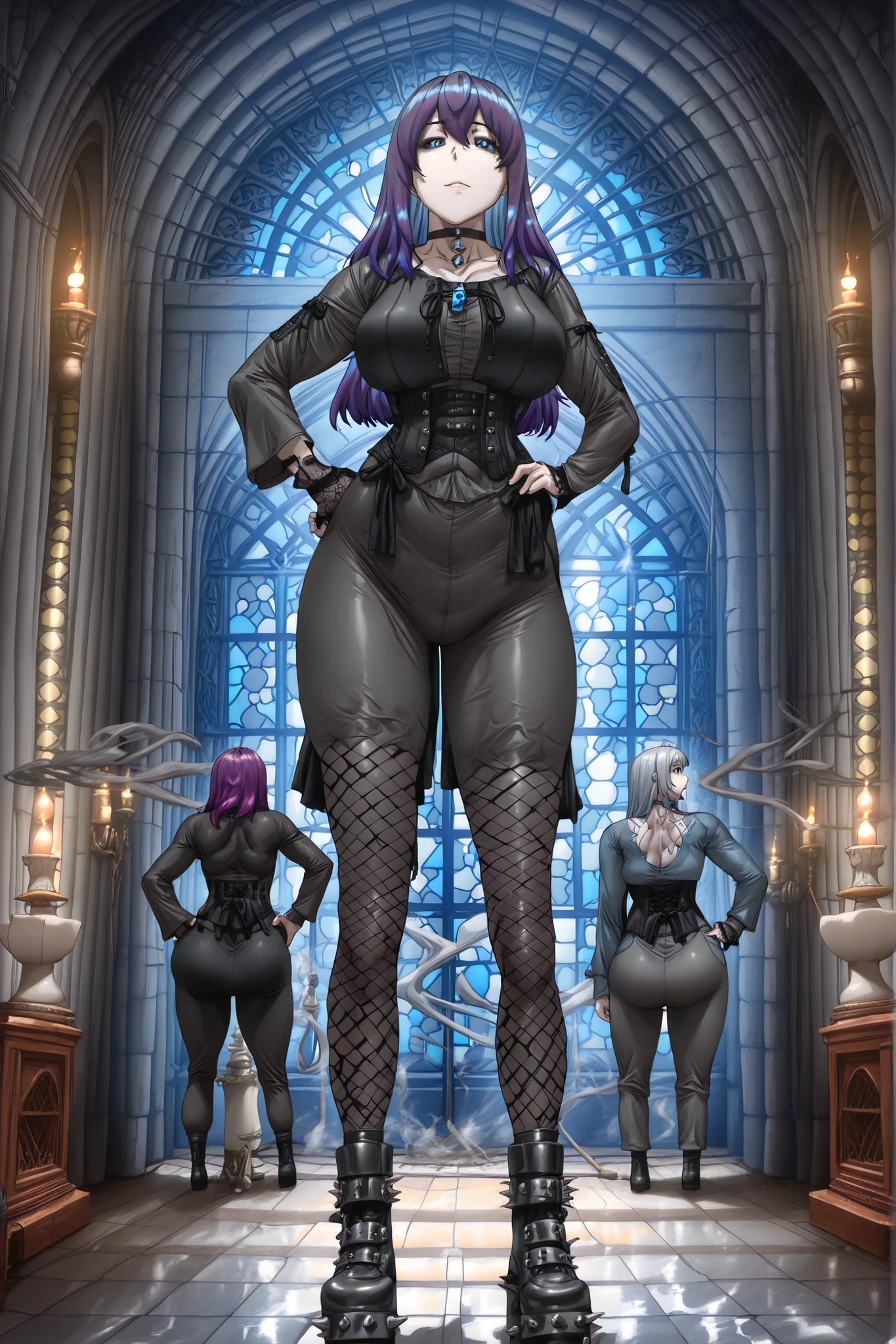 (masterpiece, best quality, ultra-detailed, 8k),
1girl, (gothic beauty:1.7), (tall stature:1.5), (voluptuous figure:1.8),
- **Hypnotic Features**:
(deep violet hair:1.7), (silky waist-length strands:1.6),
(glacial blue eyes:1.6), (smoky grey sclera:1.5),
(pale porcelain skin:1.5), (blue-veined transparency:1.3),
- **Goth Glamour**:
(black velvet corset:1.7), (silver boning:1.5),
(choker with obsidian pendant:1.4), (fishnet stockings:1.4),
(spiked platform boots:1.5), (tattered lace gloves:1.3),
- **Pose & Atmosphere**:
(sultry arch back:1.6), (hand on hip:1.4),
(gothic cathedral:1.6), (stained glass glow:1.5),
(floating candlelight:1.4), (incense smoke tendrils:1.3)